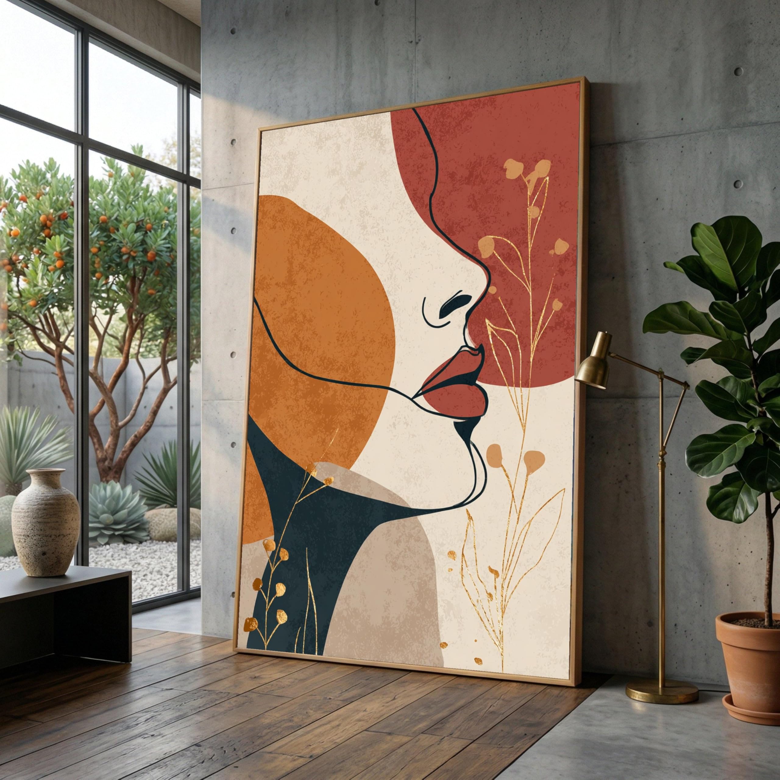 TONGYINLI Abstract Female Profile Canvas, Minimalist Line Art, Boho Wall Decor, Earth Tone Artwork, Botanical Accent Canvas Print(50x70cm/Frameless)