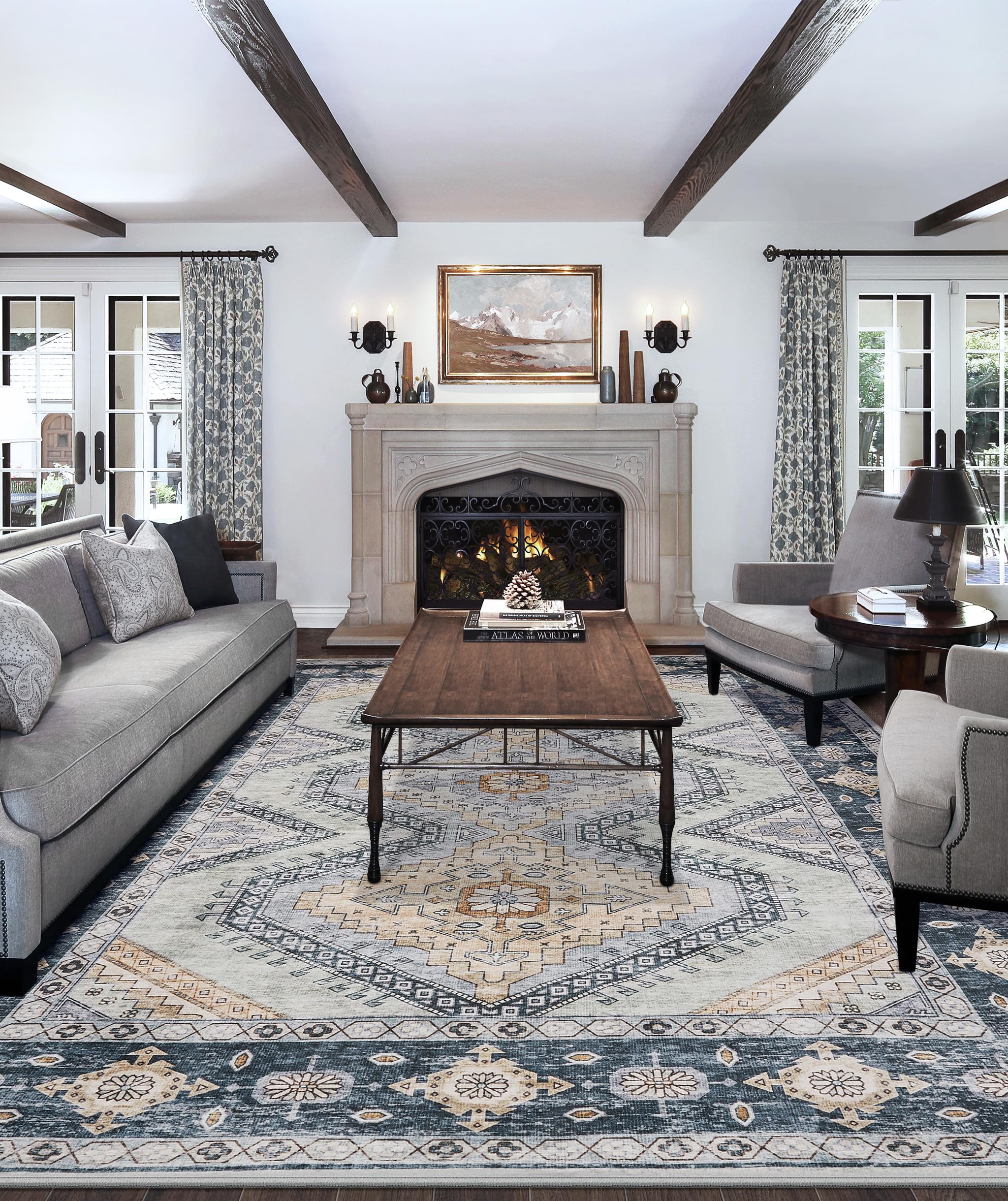 Area Rug Living Room Rugs - 9x12 Large Machine Washable Boho Thin Carpets Vintage Tribal Anti Slip Backing Carpet for Under Dining Table Bedroom Farmhouse Home Office Blue