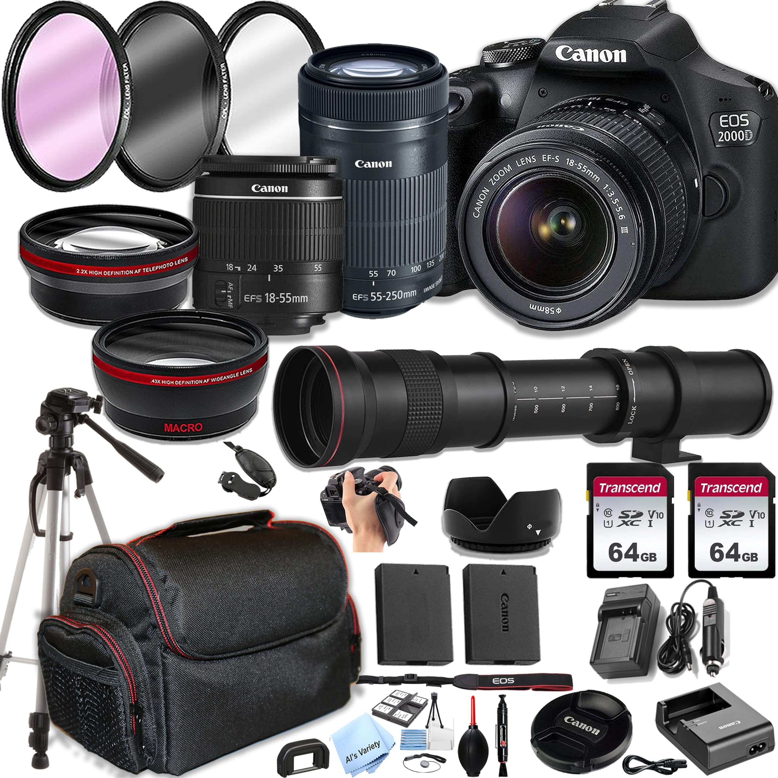 Canon EOS 2000D / Rebel T7 DSLR Camera w/EF-S 18-55mm F/3.5-5.6 Zoom Lens + 55-250mm f/4-5.6 is STM Lens +420-800mm Super Telephoto Lens + 128GB Memory,Case- Professional Photo Accesory Bundle