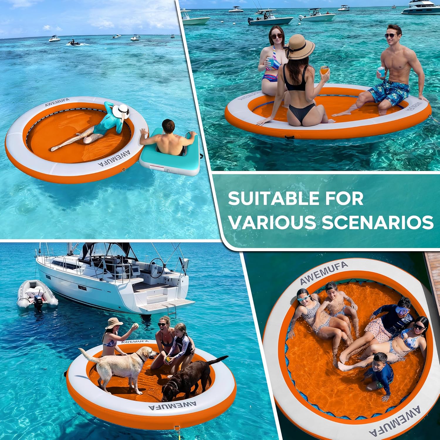 AWEMUFA 8ft Water Hammock 8 inches Thick Round Float Ring with Mesh Lake Floats for Adults Heavy Duty Circle Floating Mat for Pool Inflatable Water Raft for Summer Parties