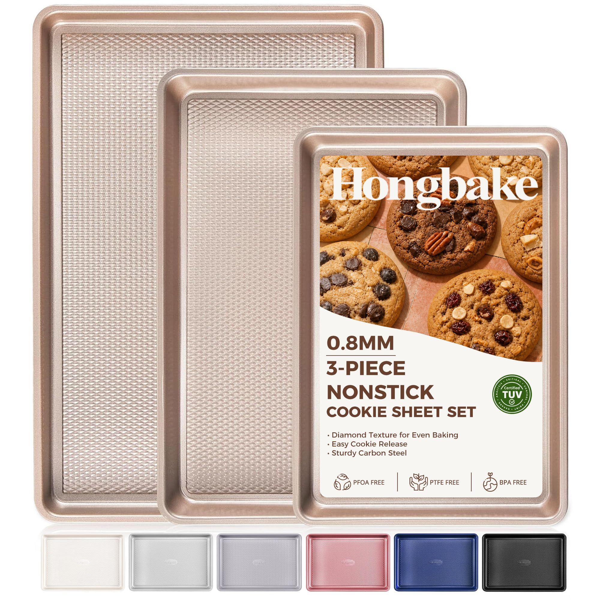 HONGBAKE - Juego de 3 bandejas para hornear antiadherentes para horno con patrón de textura de diamante, 57% más gruesas de acero al carbono, color champán dorado