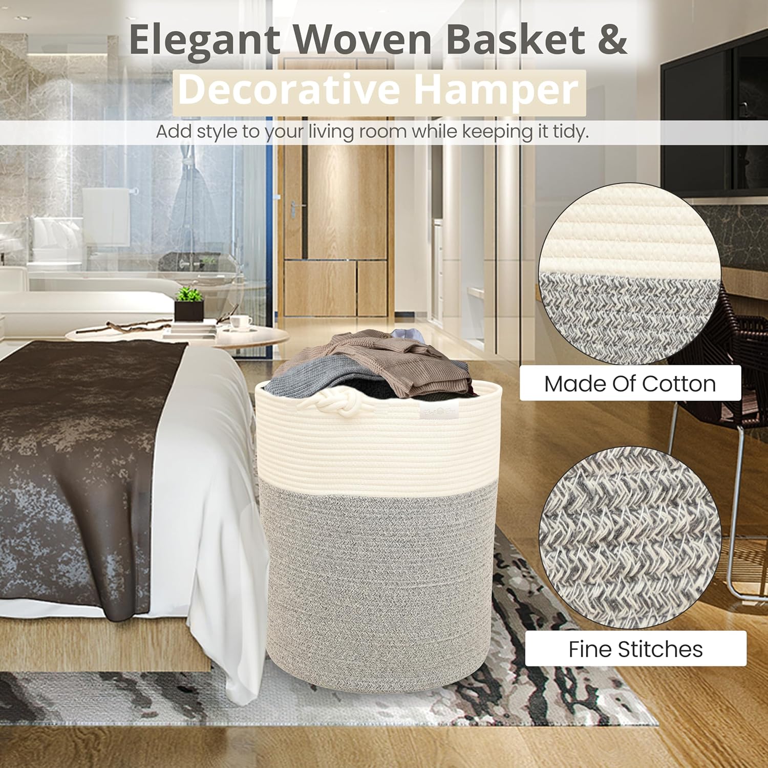 CRAFT CORE Round Cotton Rope Basket with Handles 16" X 18" | Woven Rope Basket for Storage - Laundry, Toys, Blankets, Books | Bin for Organizing Living Room | Gray - White
