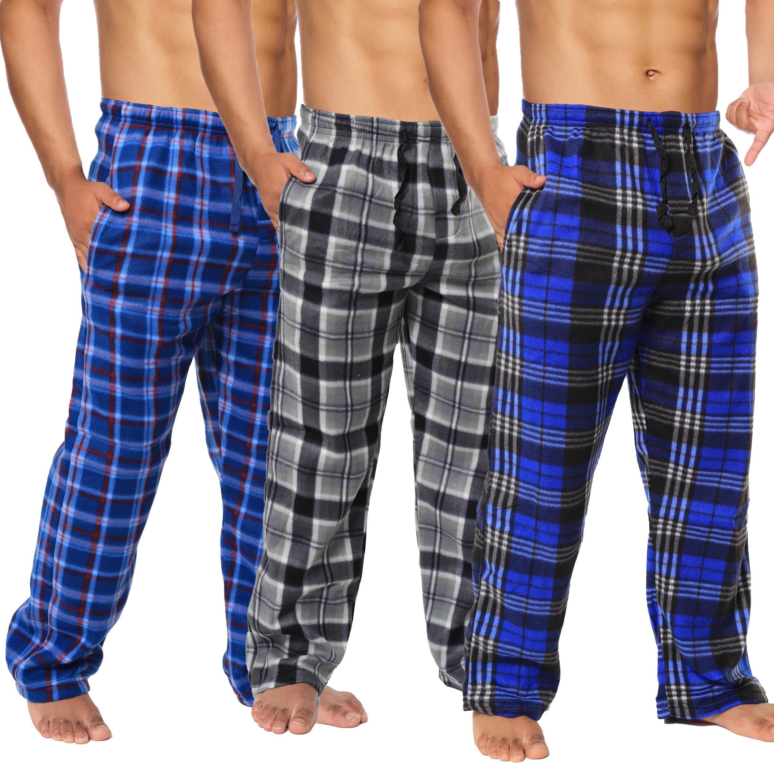 Active Club 3 Pack Mens Fleece Pajama Pants - Plaid Lounge Bottoms with Pockets (S- 3X)