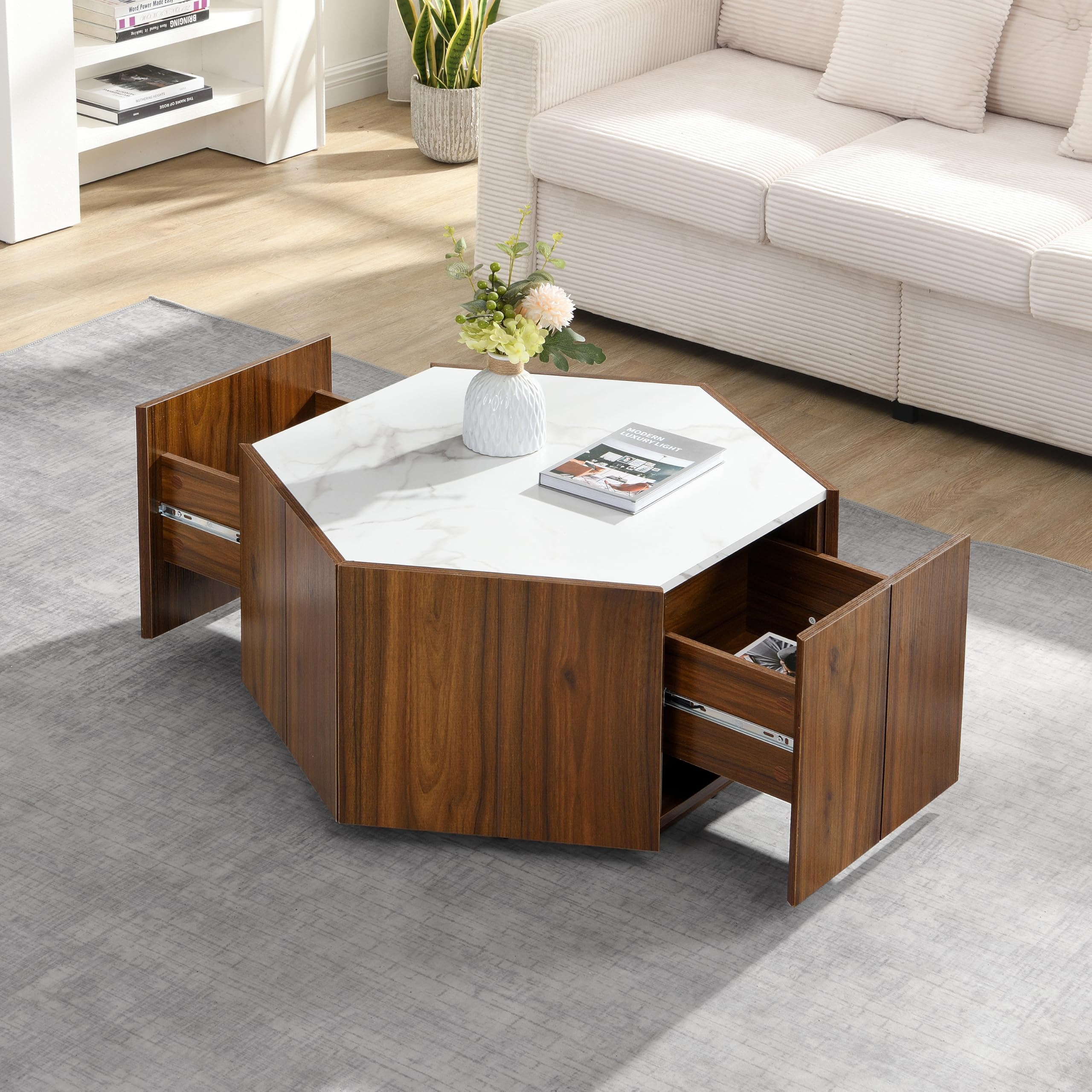 Photo 1 of ****CHECKED  7/10 - AS IS/NO RETURNS - SALE FINAL - FOR PARTS ONLY****Christopher Knight Home Nancy Hexagonal Coffee Table with Storage, Living Room Table with 2 Drawers, Modern Style with Faux Marble Textured Top, Center Tables for Reception Areas, White