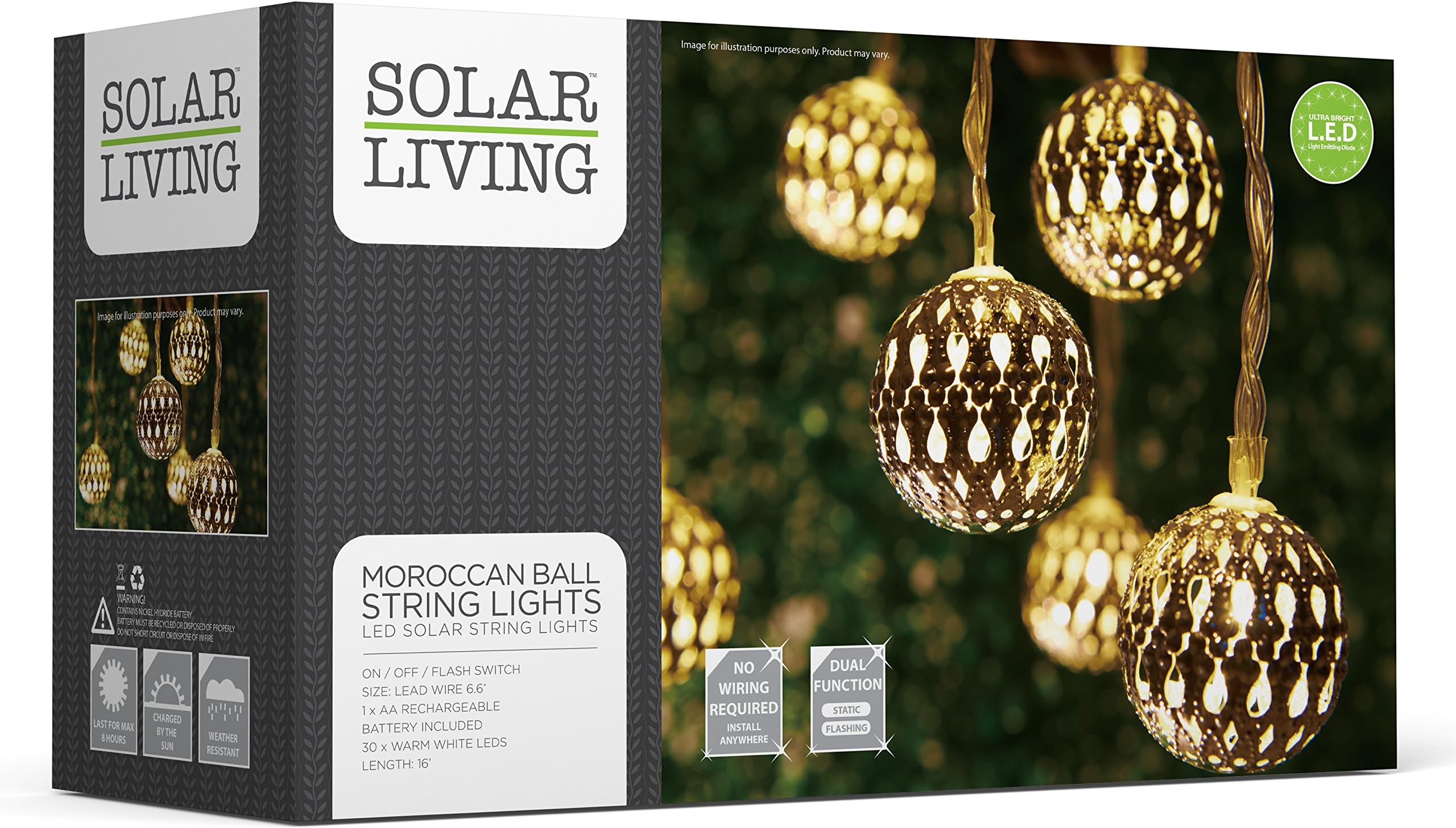 SOLAR LIVING Solar Moroccan Ball String Lights 30 LEDs Total. Extra Long Length. Ambient Warming Outdoor Decor. No Wiring Required. 8 Hours of Glowing Charge. Perfect for Patio, Garden, and More