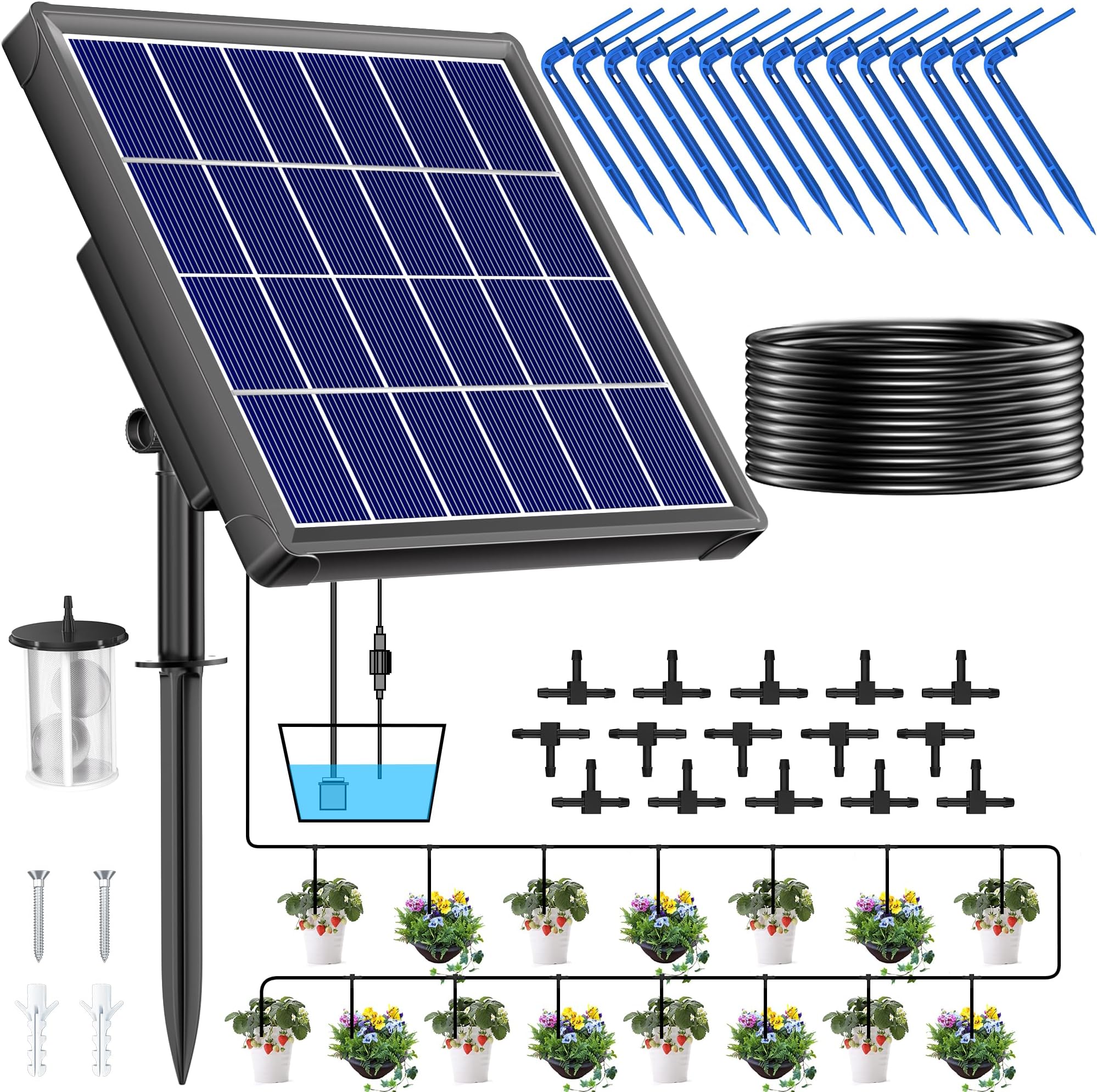 NFESOLAR Solar Drip Irrigation System Outdoor with 2200mAh Battery Backup, 6 Timing Modes, Supported 15 Pots Plants, Solar Watering System for Garden Green House