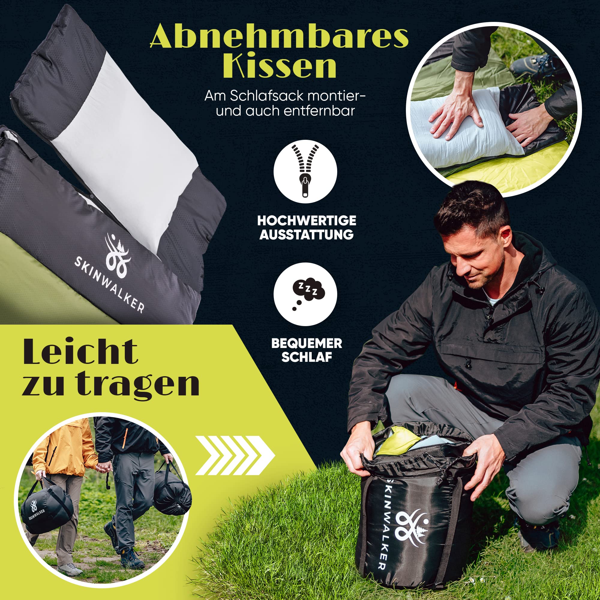 SKINWALKER Schlafsack Winter Outdoor bis −15°C mit Abnehmbarer Fleecedecke | Winterschlafsack für Erwachsene | 3–4 Jahreszeiten Sleeping Bag & Deckenschlafsack Sommer & Winter