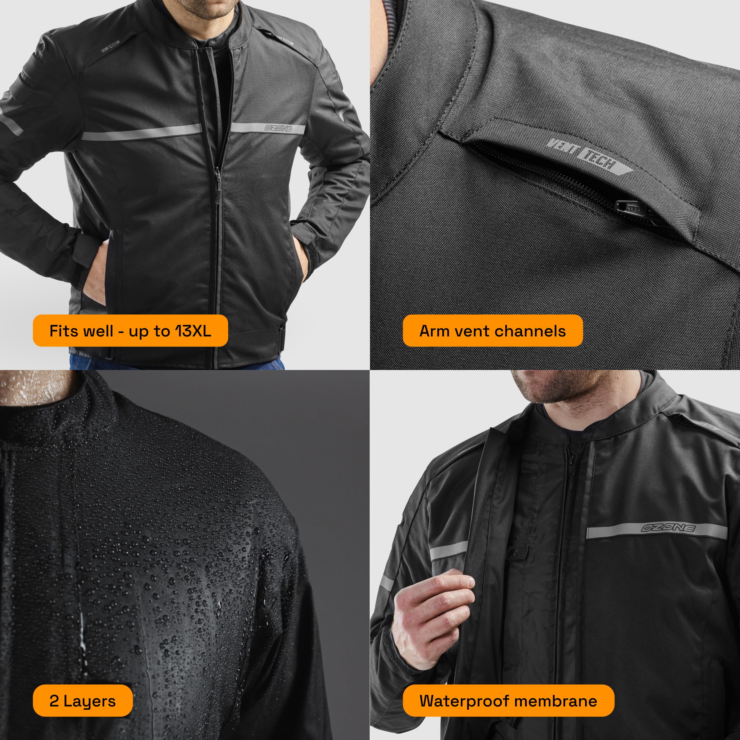 OZONE MOTO Rider Giacca da Moto Uomo | Tessile | Protezioni Gomiti e Spalle Livello 1 | Tasca per Protezione Schiena | Fodera Termica Impermeabile Removibile | Ventilazione | Taglie fino a 13XL
