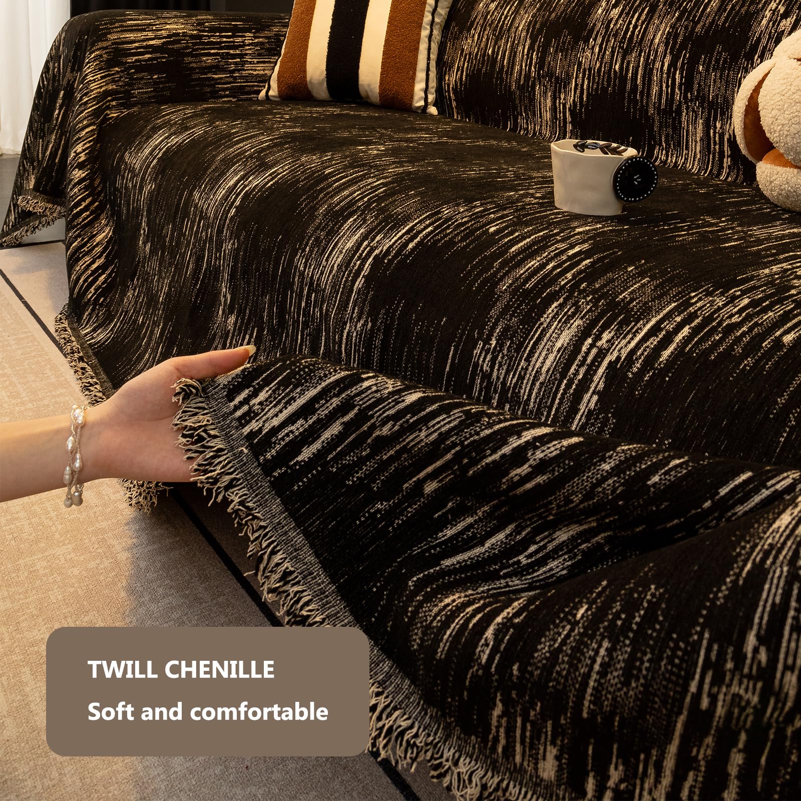 Manta Decorativa para el Hogar Todo el Año para Sofá, Sillón, Cama,Negro,180x420cm