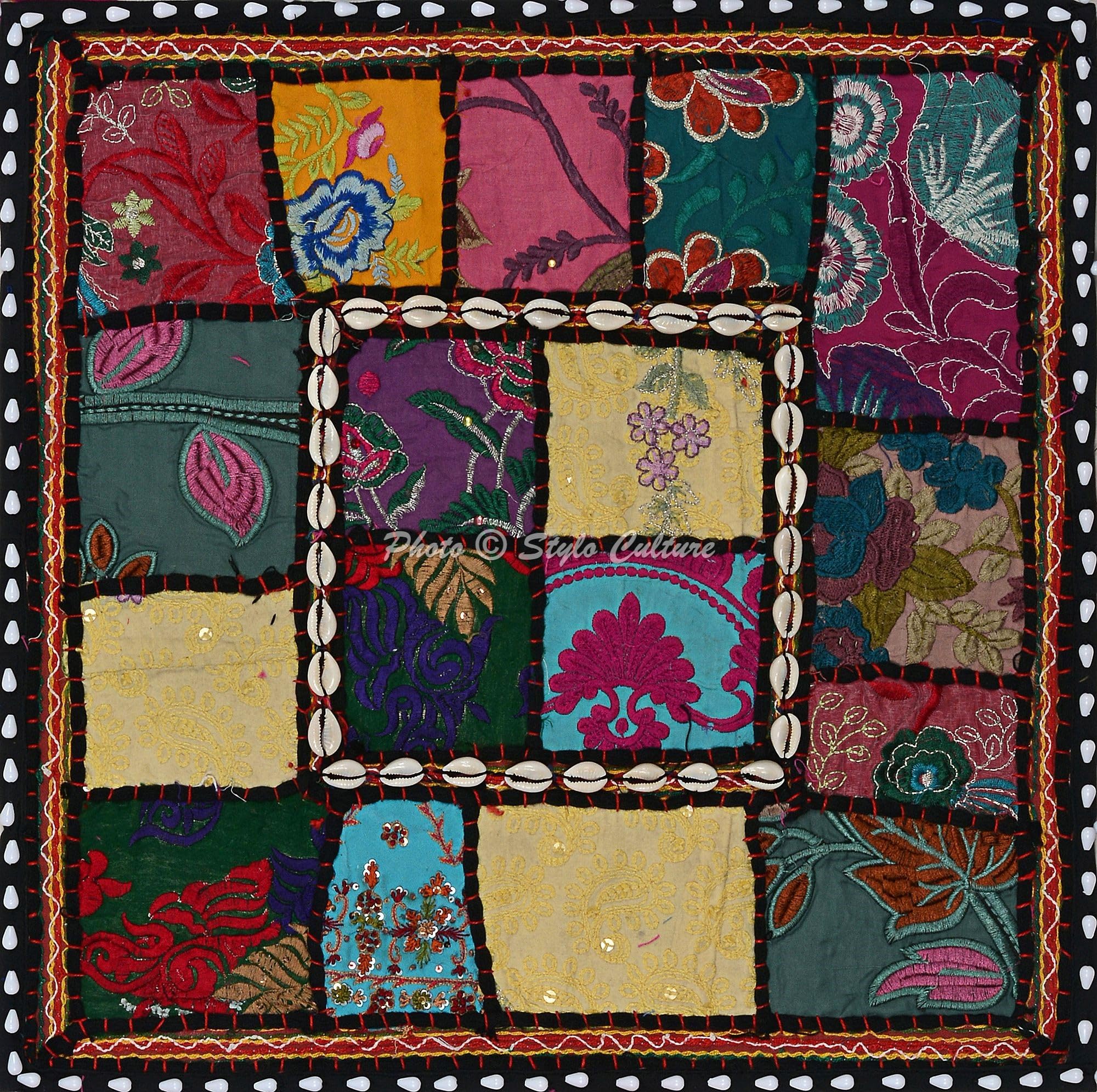 Ethnisch Dekorativ Baumwolle Sofa Kissenbezüge 40x40 cm Schwarz Dekokissen Gesticktes Patchwork Wohnzimmer Couch Kissenhullen Blumen Quadrat Umschlagverschluss Kissen Bezüge - 4 STK.