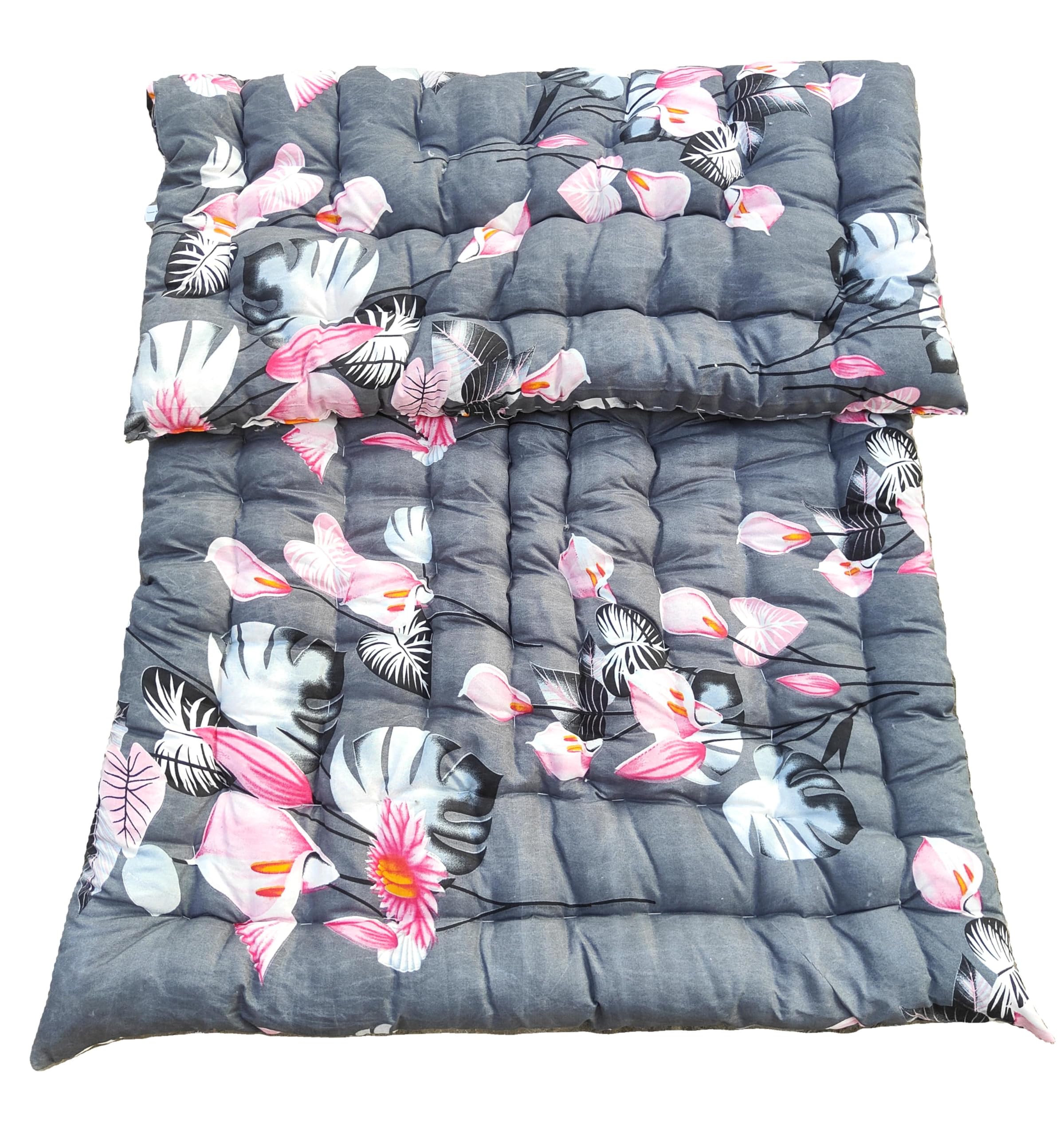 tanwar handloom & pillow house soft single bed cotton filled quilt 3-d mattress gadda soft & reversible (3 x 6 ft or 72 x 36 x 2.5 inch) (thph-115-g) (floral grey)