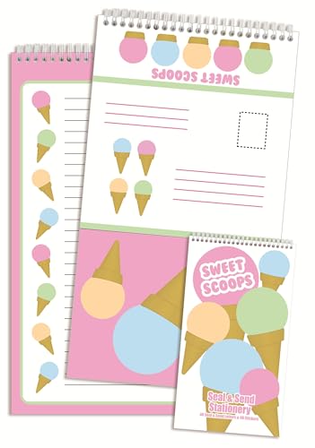 Image of iscream Fold and Send Girls Stationery Card Pad with Seals - Tasty Scoops | 40 Pack, Cute Design, Spiral Bound, Large 10.5 inch x 5.75 inch Cards, Coordinating Sticker Sheets, Fold and Send, Summer Camp Ready