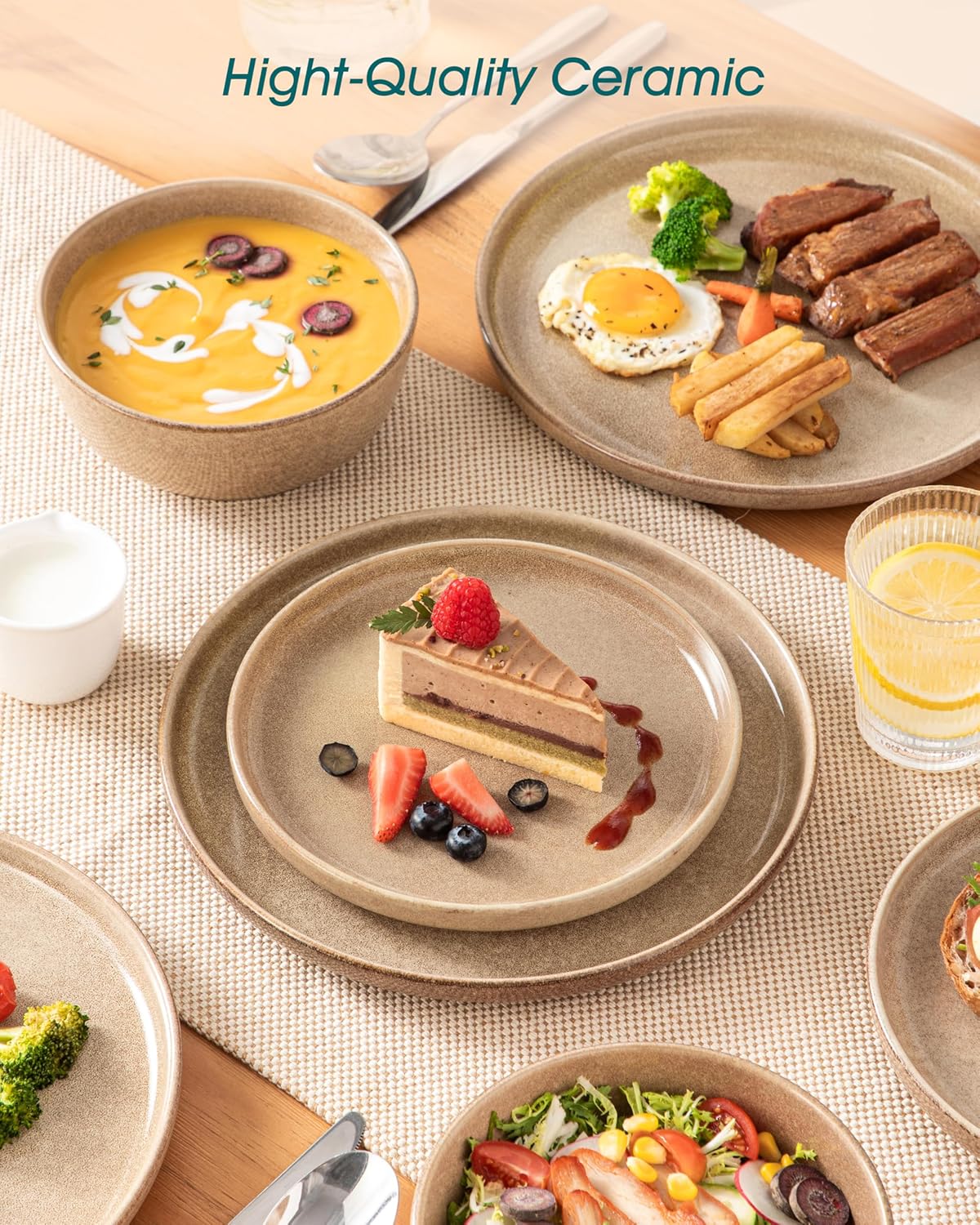 vancasso ANYA 24 Pieces Plates and Bowls Set, Caramel Dinnerware Sets, Reactive Glaze Dishes Set for 8, Ceramic Dishware Sets Kitchen Dinner Set, Microwave & Dishwasher Safe - Image 5