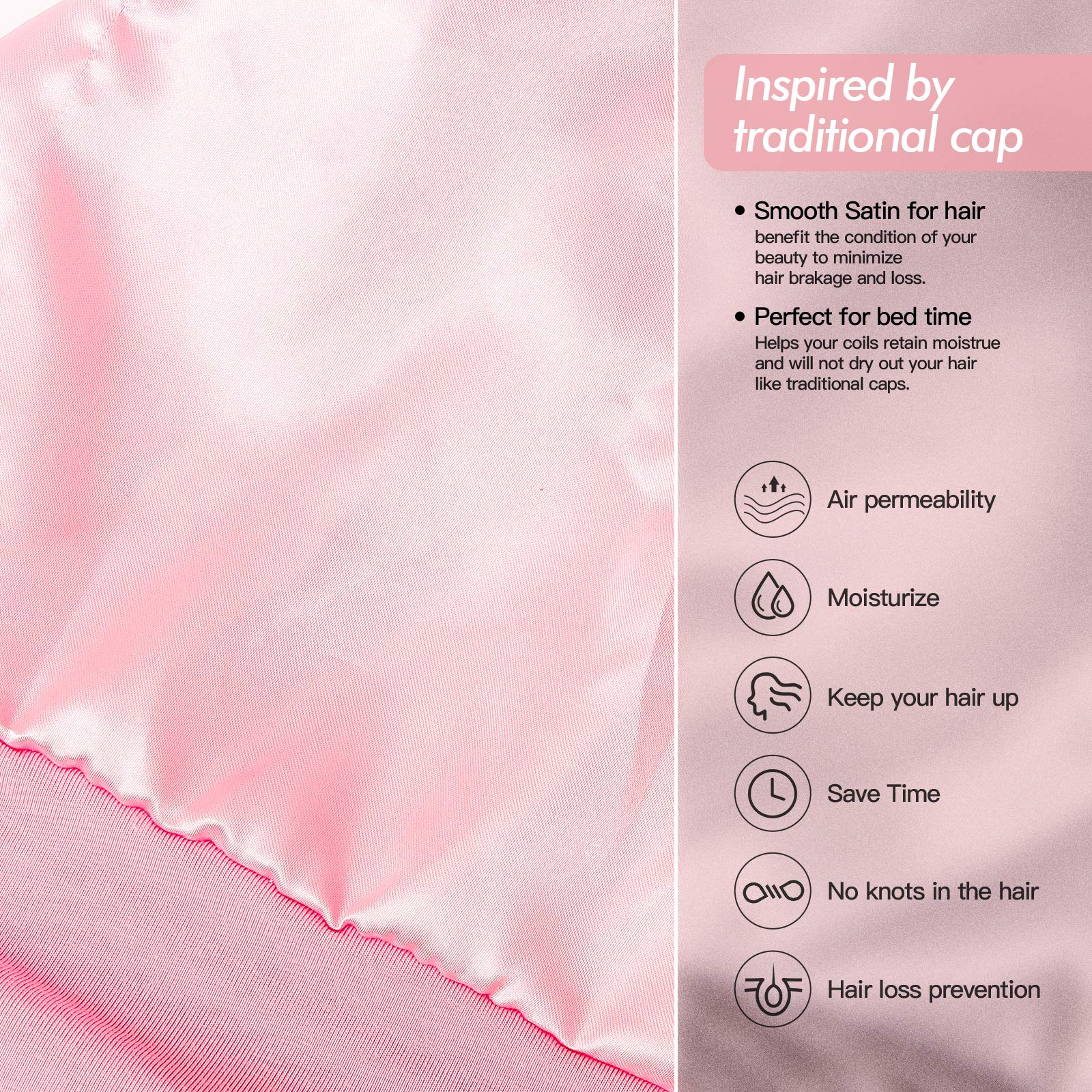 Silk Satin Lined Bonnet Sleep Cap with Adjustable Stay-On Hair Wrap