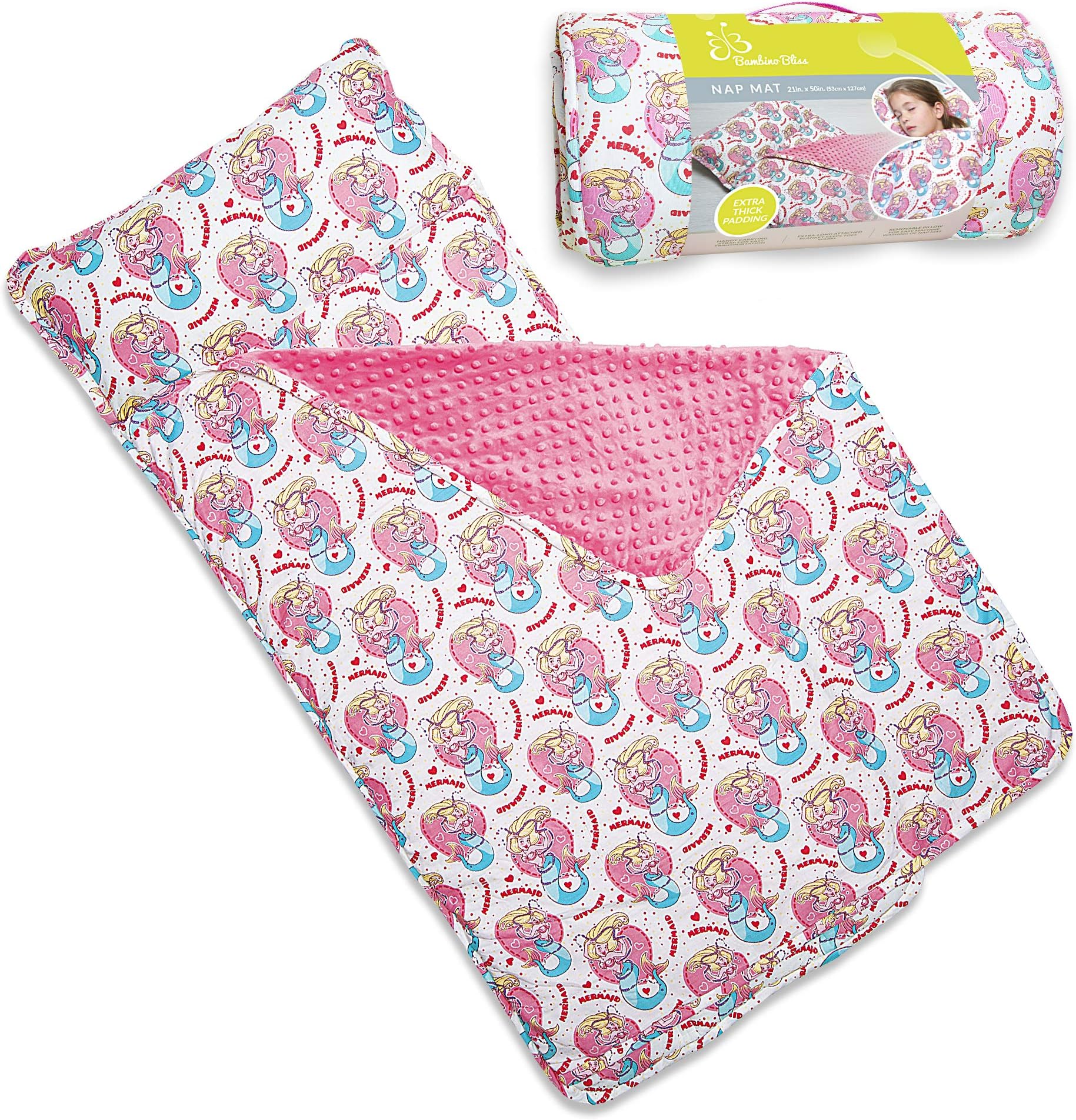 Kids Nap Mat with Removable Pillow - Soft, Lightweight Mats, Easy Clean Toddler Nap Pad for Preschool, Daycare, Kindergarten - Children Sleeping Bag (White with Mermaids Design) by Bambino Bliss