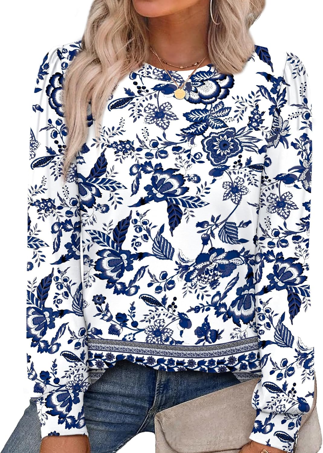 Alaroo Womens Long Sleeve Shirts 2025 Fall Tunic Tops Crewneck Blouses Print