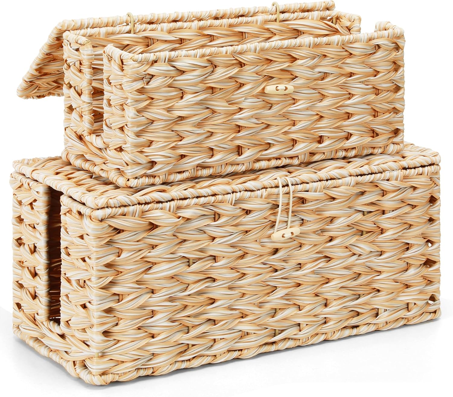 Posprica Cable Management Box with Lid, 2 Pack Handwoven Rattan Cord Hider Organizer Boxes, 2 Side Open Slots Storage Box to Hide Cords and Power Strip for Desk, Floor, Office