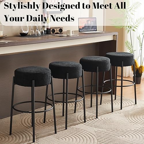 Miniatura 2 de Juego de 2 taburetes de bar redondos tapizados de tela de peluche, sillas de bar de comedor, taburetes de bar con patas de metal y reposapiés para