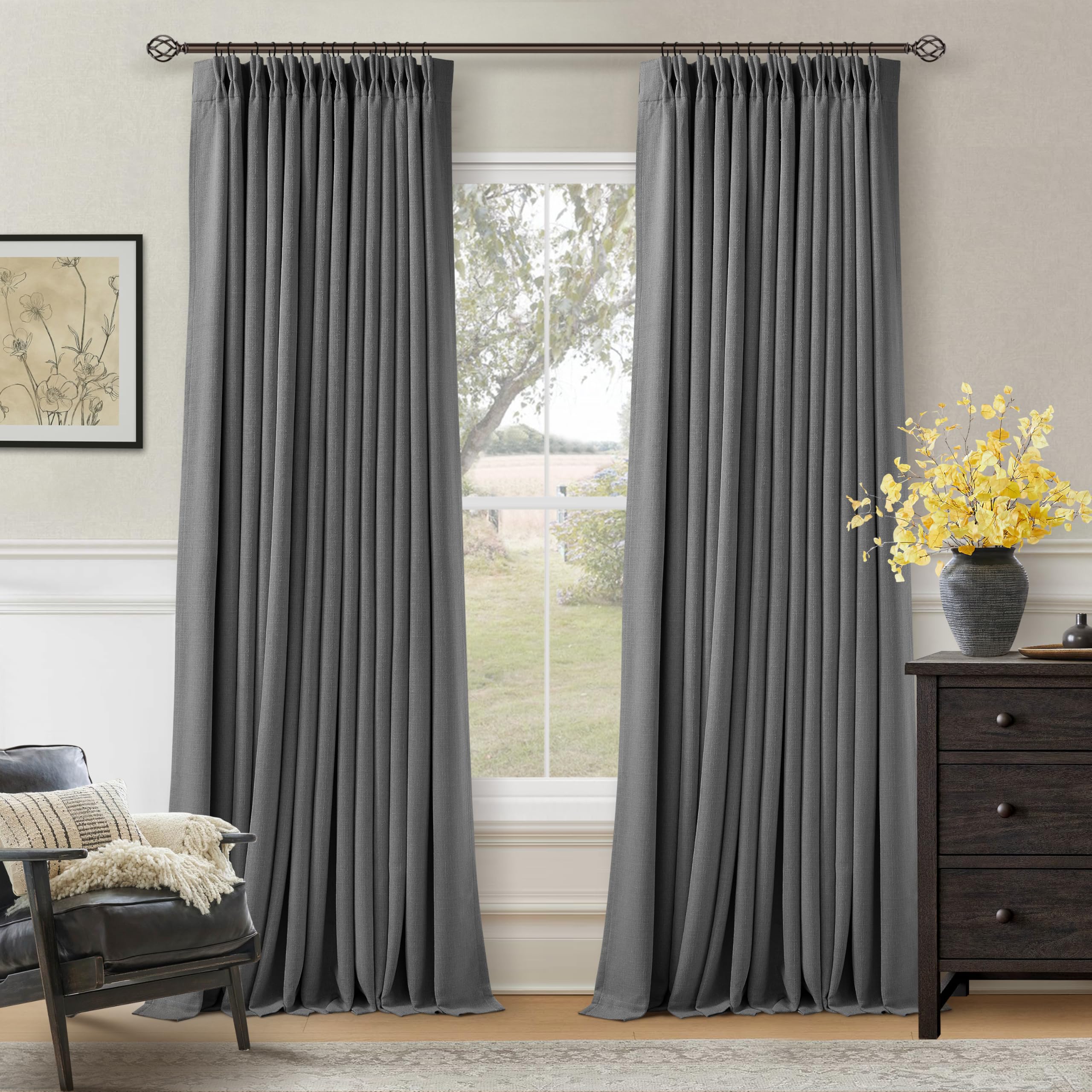 Dark Grey Pinch Pleated Blackout Curtains 102 Inches Long for Bedroom 100% Black Out Thick Linen Dual Layer Pleated Drapes Farmhouse Country Charcoal Gray 102 Inch Curtain for Dining Living Room โ image 1