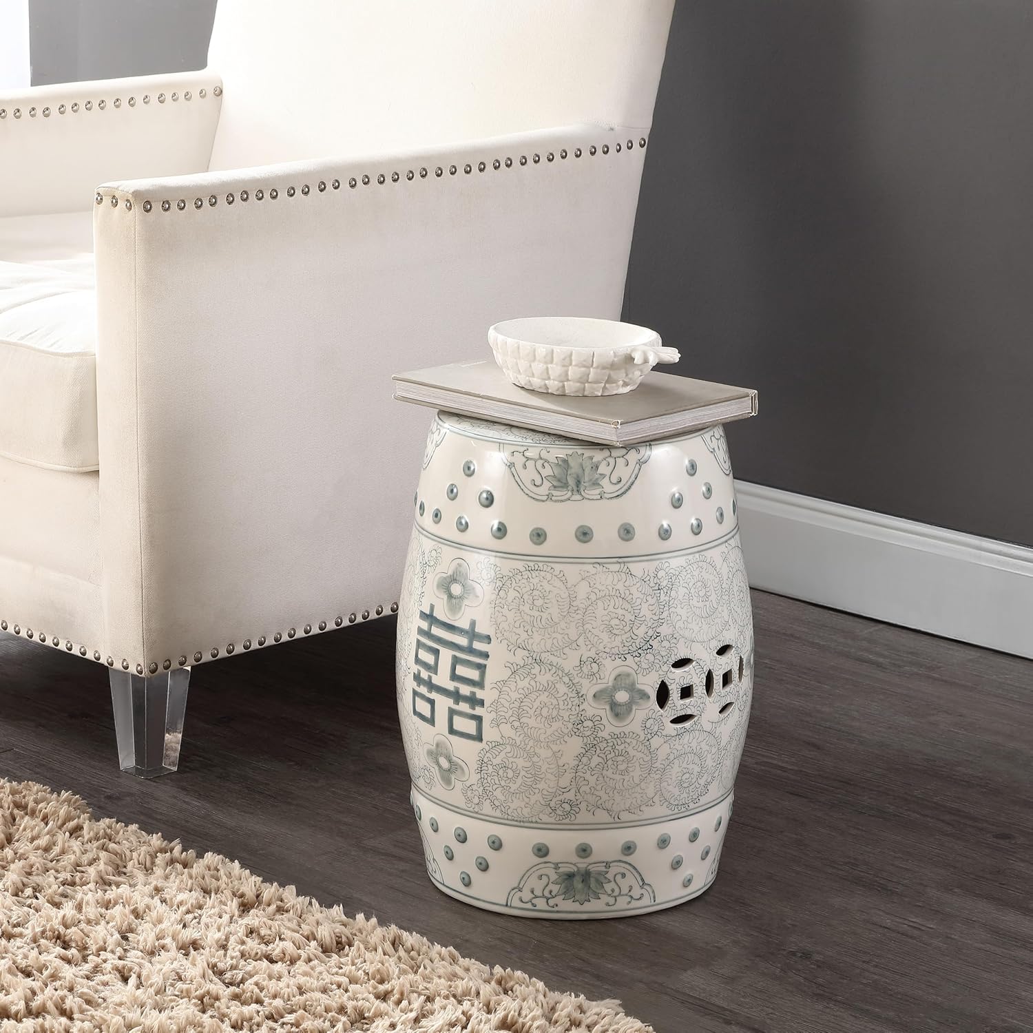 JONATHAN Y TBL1013C Double Happiness 18" Chinoiserie Ceramic Drum Indoor/Outdoor Garden Stool Bohemian, Coastal, Classic, Cottage, Traditional, Patio, Garden, Bathroom, Living Room, Gray Blue/White