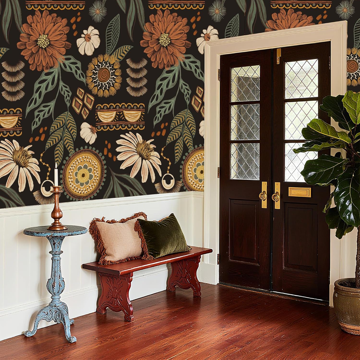 Boho Wallpaper Peel and Stick - Exotic Floral Removable Waterproof Self Adhesive Wallpaper Roll, 17.3" x 240" Vinyl for Bedroom, Living Room, Cabinet