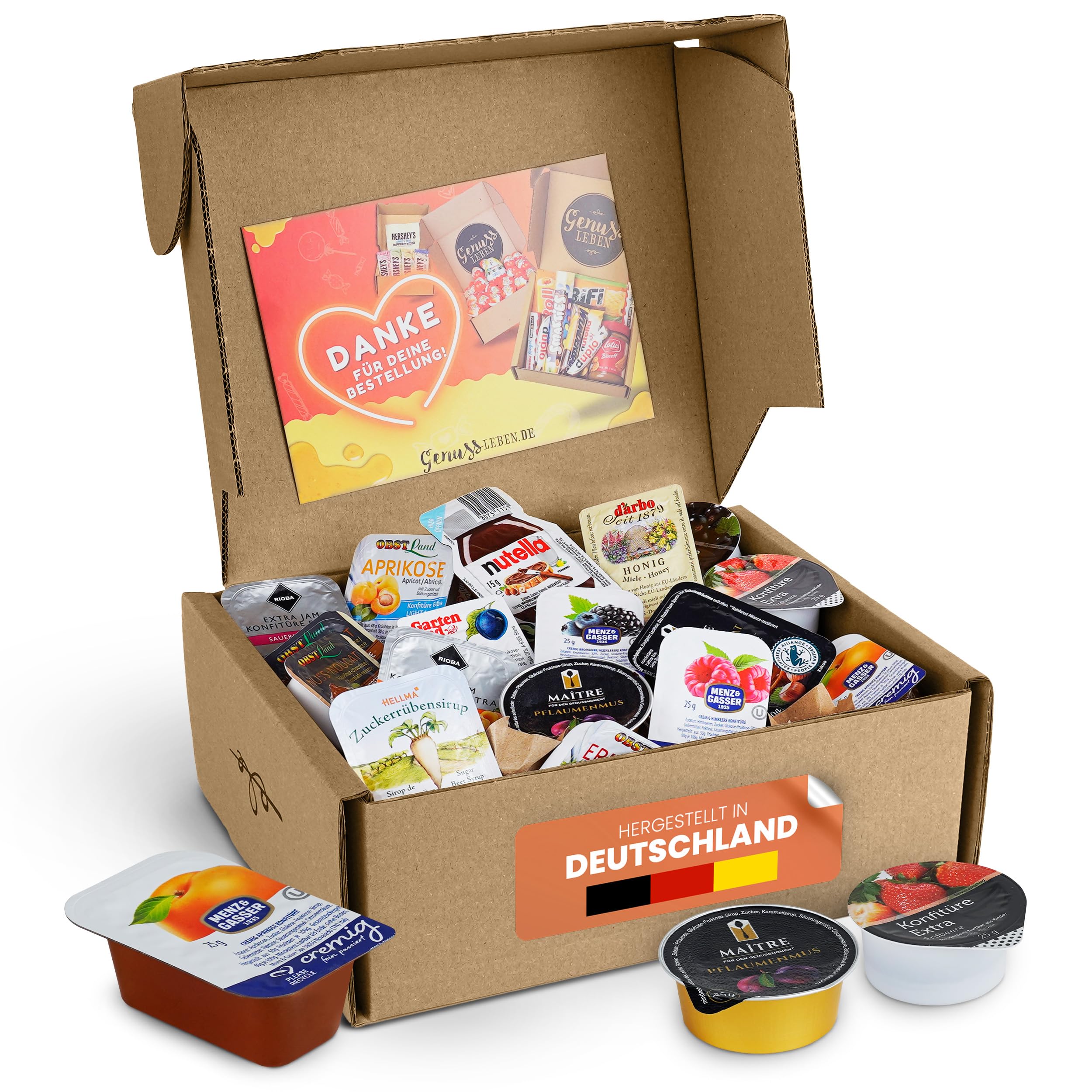 Genussleben Frühstücksbox mit ca. 900g Konfitüre, Marmelade, Honig, Haselnusscreme in vielen Geschmacksrichtungen, ca. 35 kleine Portionen im Mix für Büro, Familie oder Camping.
