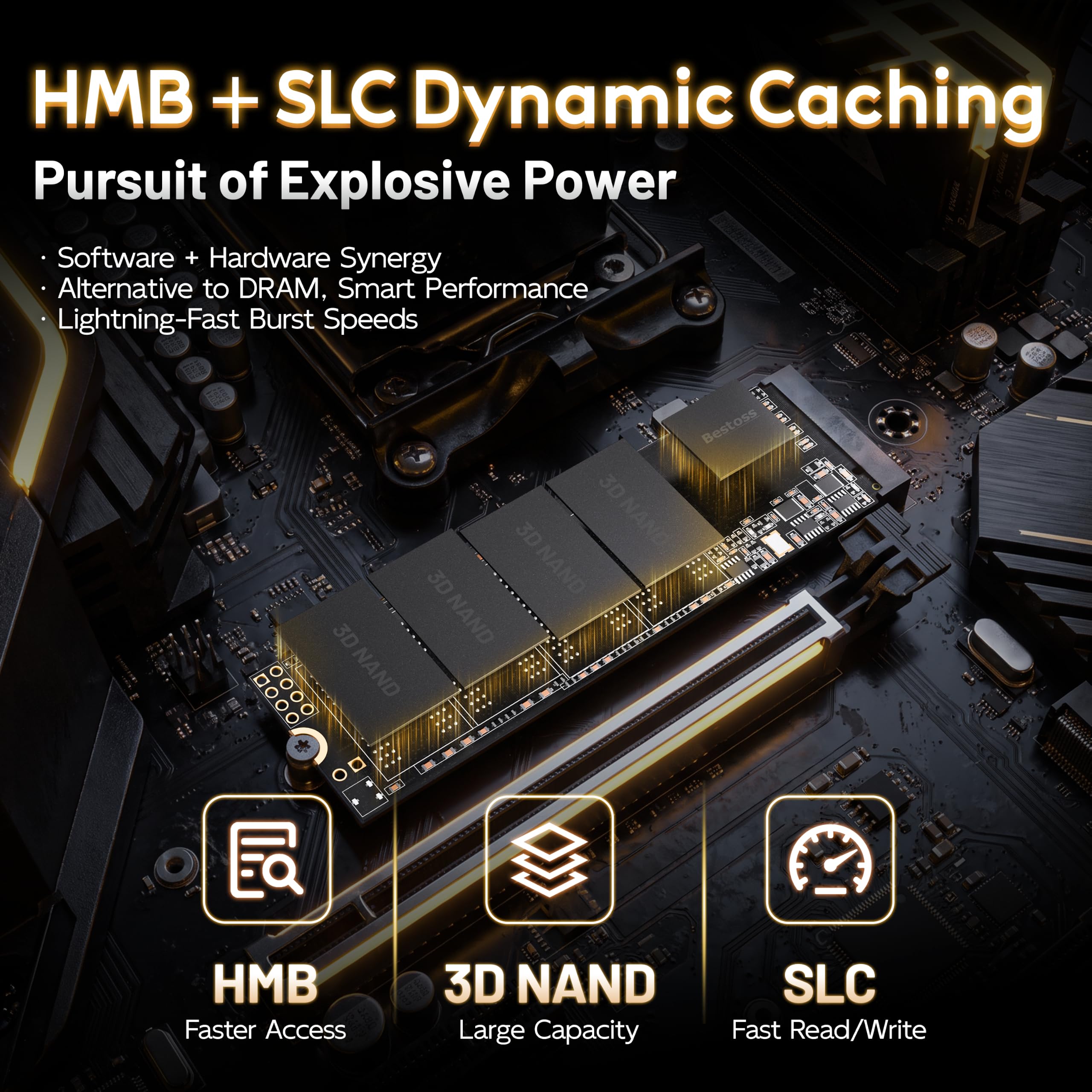 Bestoss M.2 2280 NVMe SSD 4TB PCIe interno Gen4, fino a 7350 MB/s, cache SLC e HMB, PS5/PC/laptop, su misura per giocatori, editor video, creatori di fascia alta e sviluppatori di intelligenza