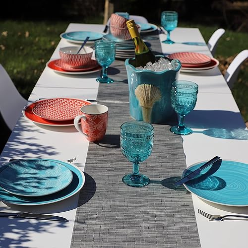 Miniatura 6 de Euro Ceramica Simpatico Collection - Juego de vajilla de cerámica de 16 piezas en turquesa; servicio para 4; patrón geométrico moderno; apto para