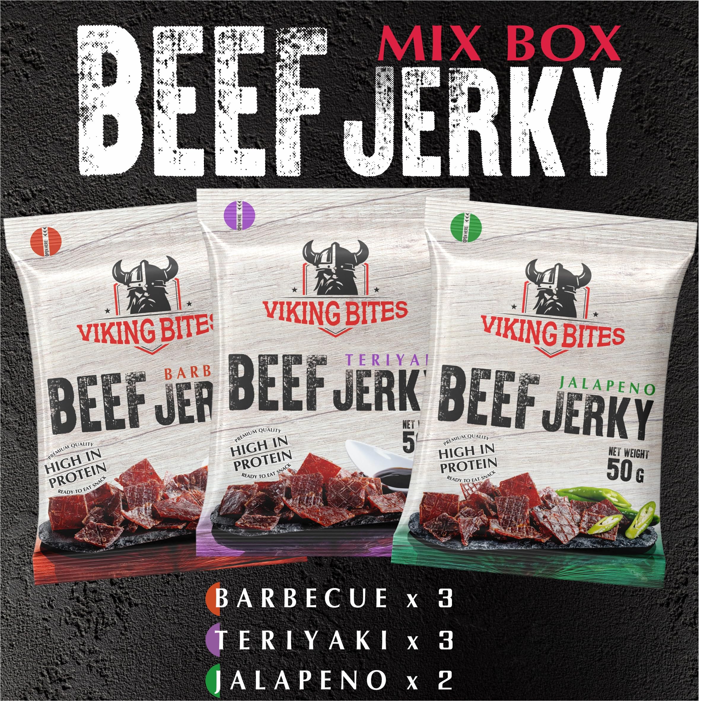 Viking Bites Beef Jerky Mixed box 400 g (8 x 50 g) – 3x Barbecue, 3x Teriyaki, 2x Jalapeno – Manzo essiccato – Snack a base di carne con alto contenuto proteico