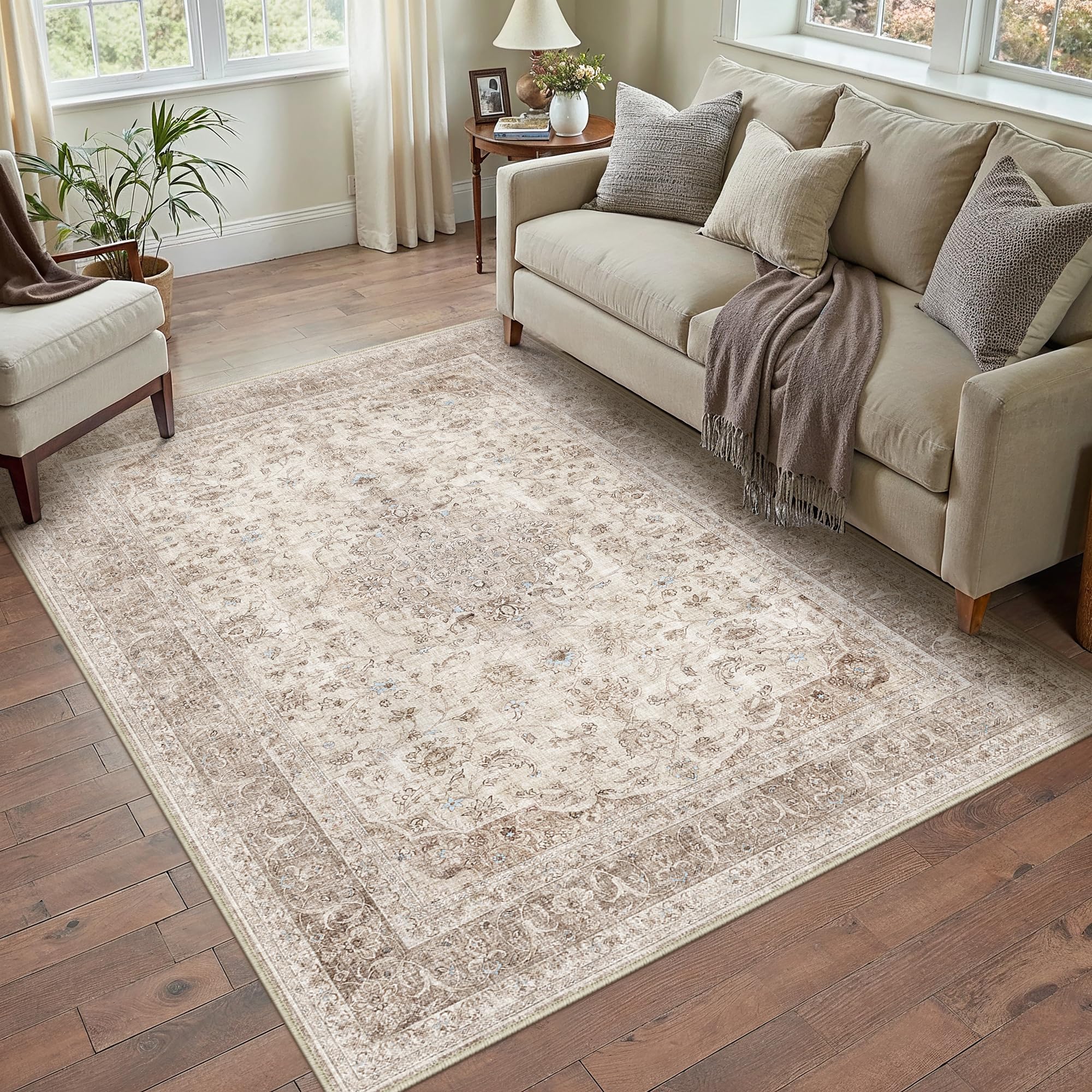 purecozy beige area rug 3x4 washable office entryway vintage carpet low pile non slip distressed door mat soft traditional retro oriental small accent throw rug kitchen bedroom bathroom dining room