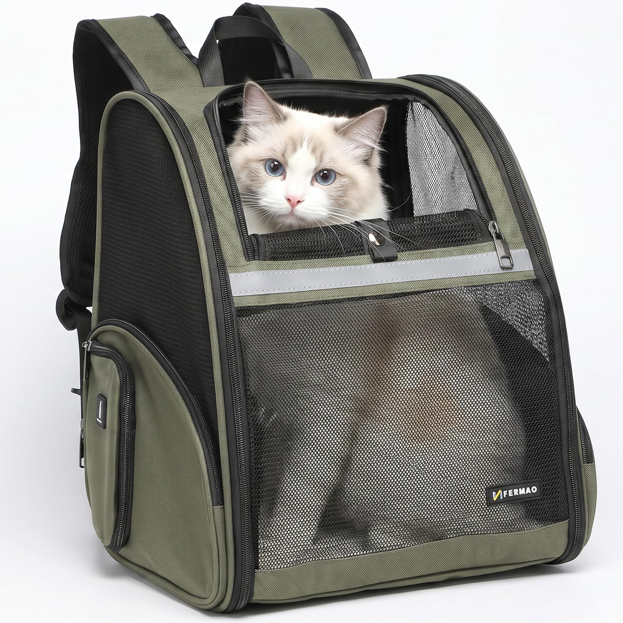 Cat Backpack Carrier for Small Dogs and Medium cat Puppy Kitten Bunny Pet Carrier Backpack Collapsible with Fully Ventilated Mesh with Safety Leash (DarkGreen, 12.9" L x 10.62" W x 15.5" H - M)