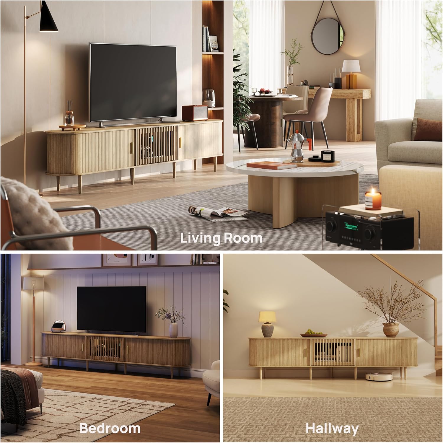 94.5" Fluted Mid Century Modern TV Stand for TVs Up to 98", Tambour Sliding Doors Entertainment Center with Storage&LED, Janpandi Curved Media&TV Console Long TV Stands for Living Room Bedroom, Oak