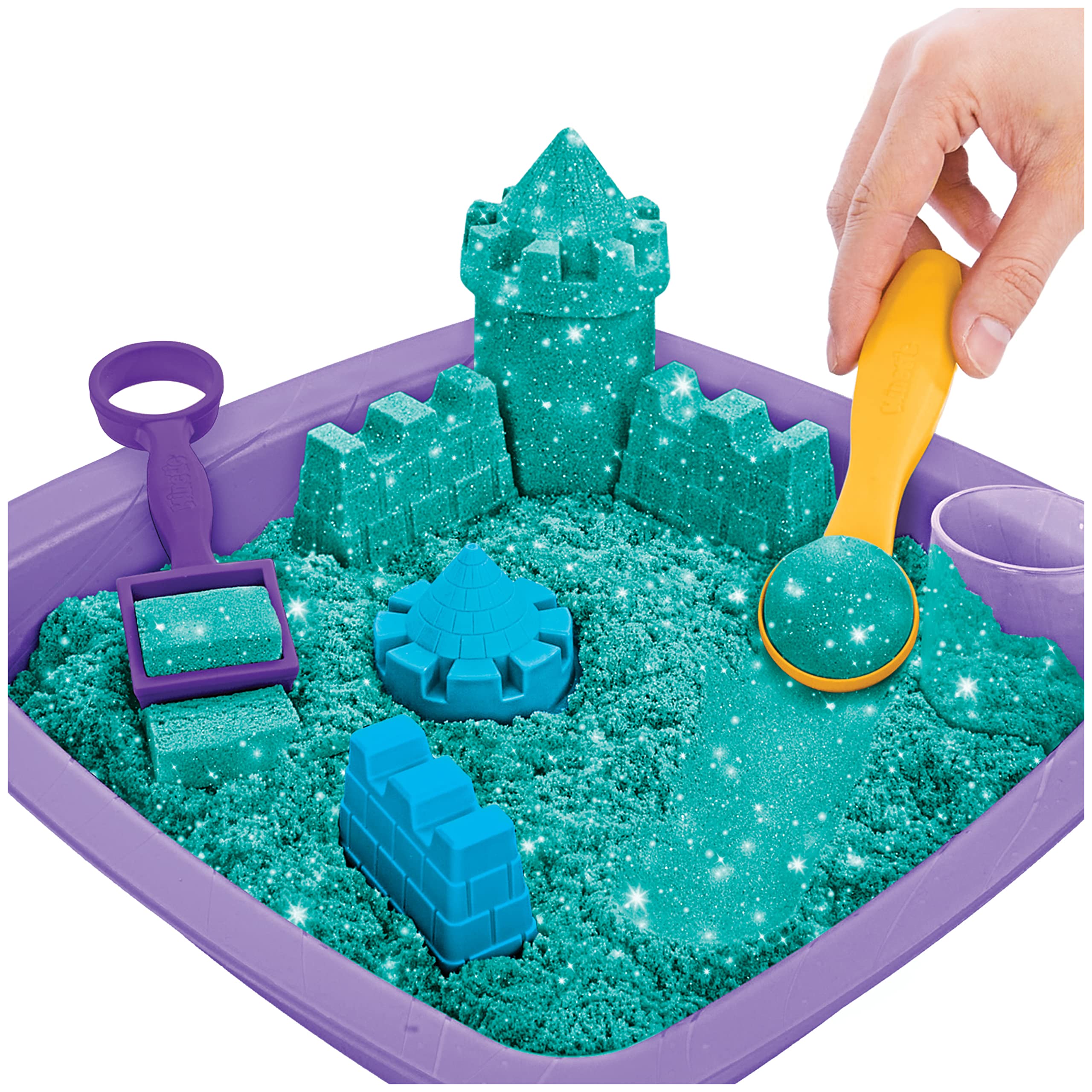 Kinetic Sand |Zamek Shimmer Sand | Piasek kinetyczny 454gr | Magiczny piasek | Zielony Kolorowy Piasek | 3 akcesoria i tacka W zestawie | zabawki dla dzieci i dziewczynek 3 lata