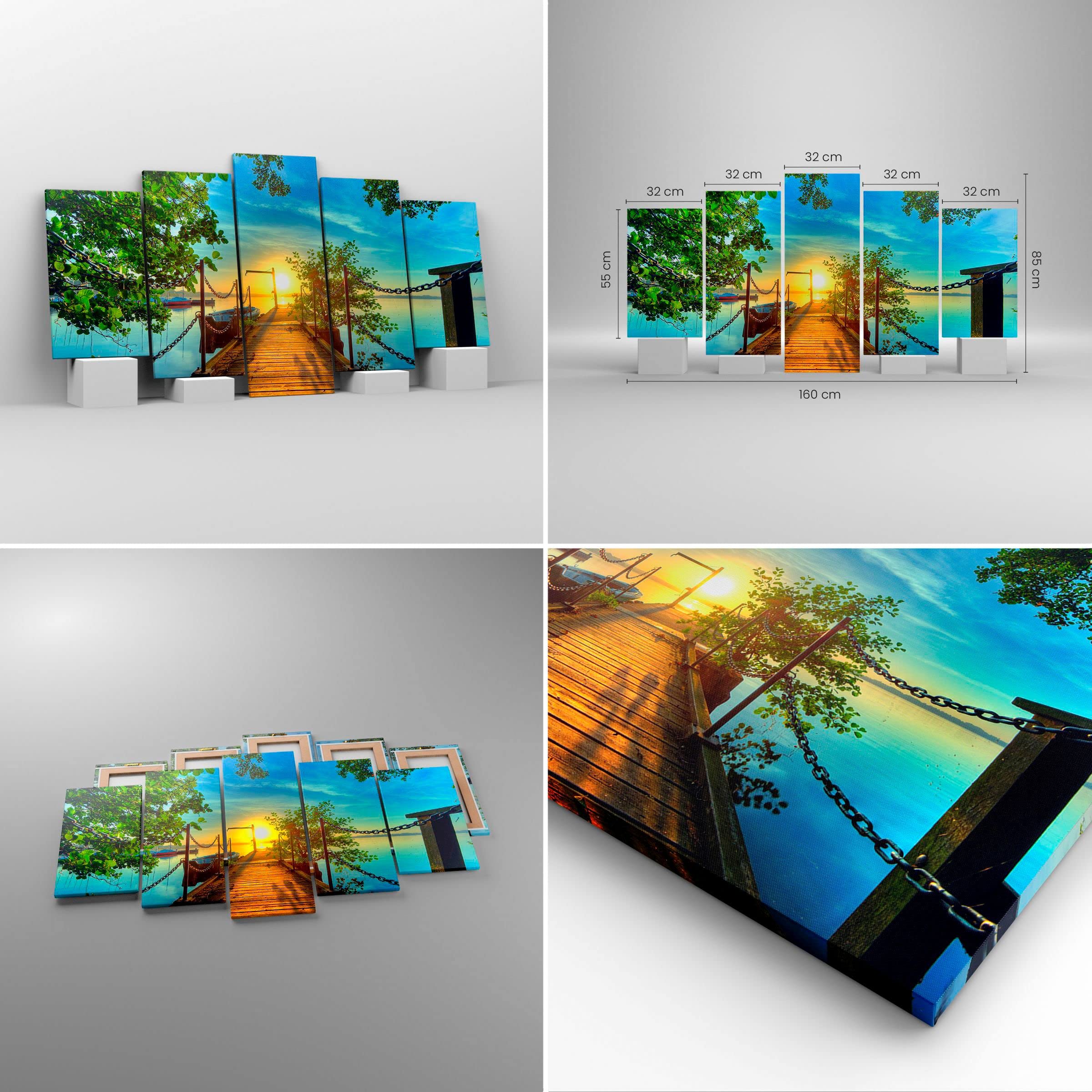 Wandbilder Dekoration Wohnzimmer See Sonnenuntergang Boot Landschaft Bilder auf Leinwand 160x85cm Leinwandbild Schlafzimmer Set 5 teilige Kunstdruck Art Groß XXL Wanddeko Bild Canvas EA160x85-2573