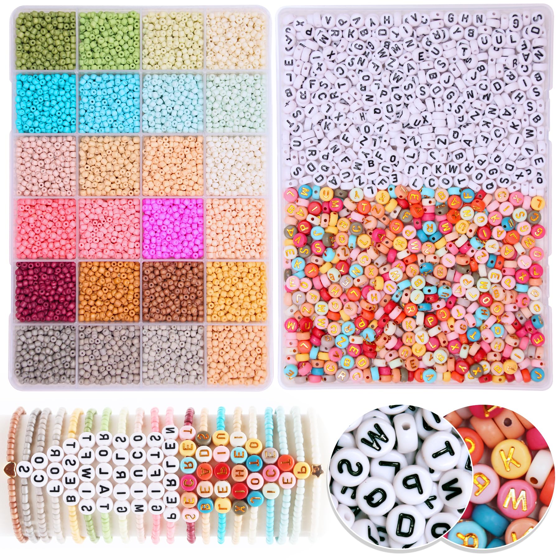 MiuCo3 mm Bead Set for Bracelets, 24 Colourful Morandi Glass Beads for Threading and 4 x 7 mm Letter Beads with Elastic Band for Friendship Bracelets, Jewellery Making, Necklaces, Making Kit