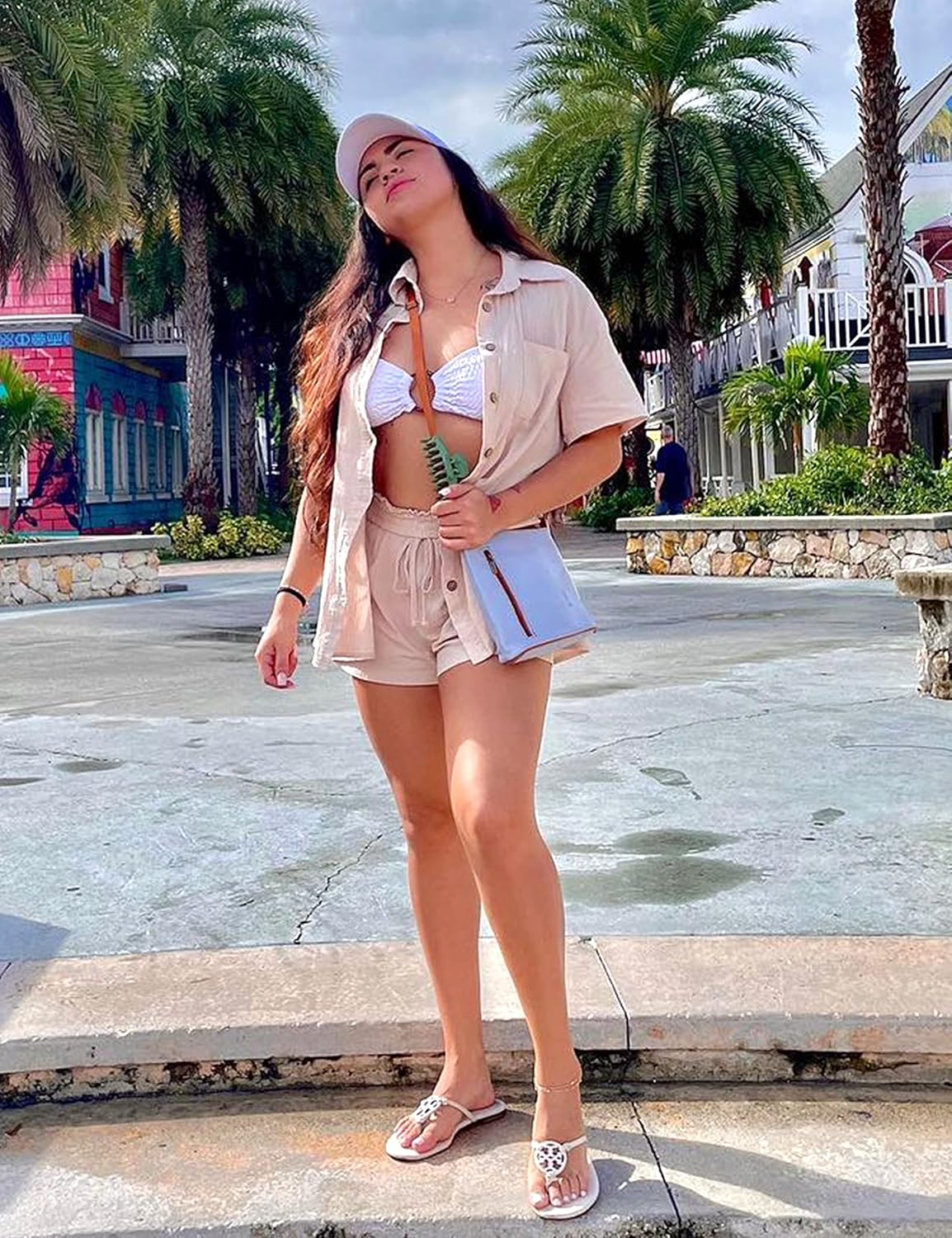 APAFES Women Summer Cotton Linen Short Sets 2 Piece Shorts Top Lounge Beach Vacation Two Piece Outfits Tracksuits(762-Apricot-S) - Image 2