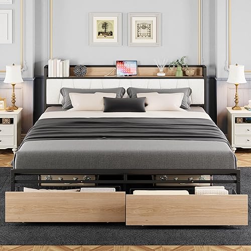 LIKIMIO California King Size Bed Frame, Storage Headboard with Charging Station, Platform Bed with Drawers, No Box Spring Needed, Easy Assembly, Wood and Cream