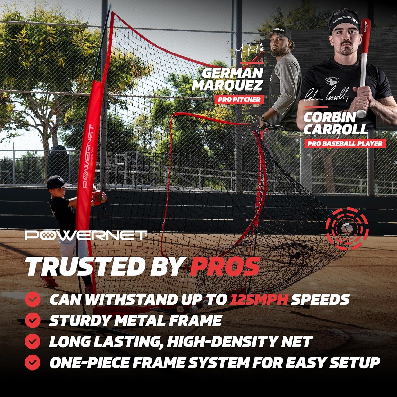 PowerNet Pro One Piece Softball Baseball Net, Portable Baseball Training Equipment, Hitting, Throwing & Pitching Net with Carrying Bag