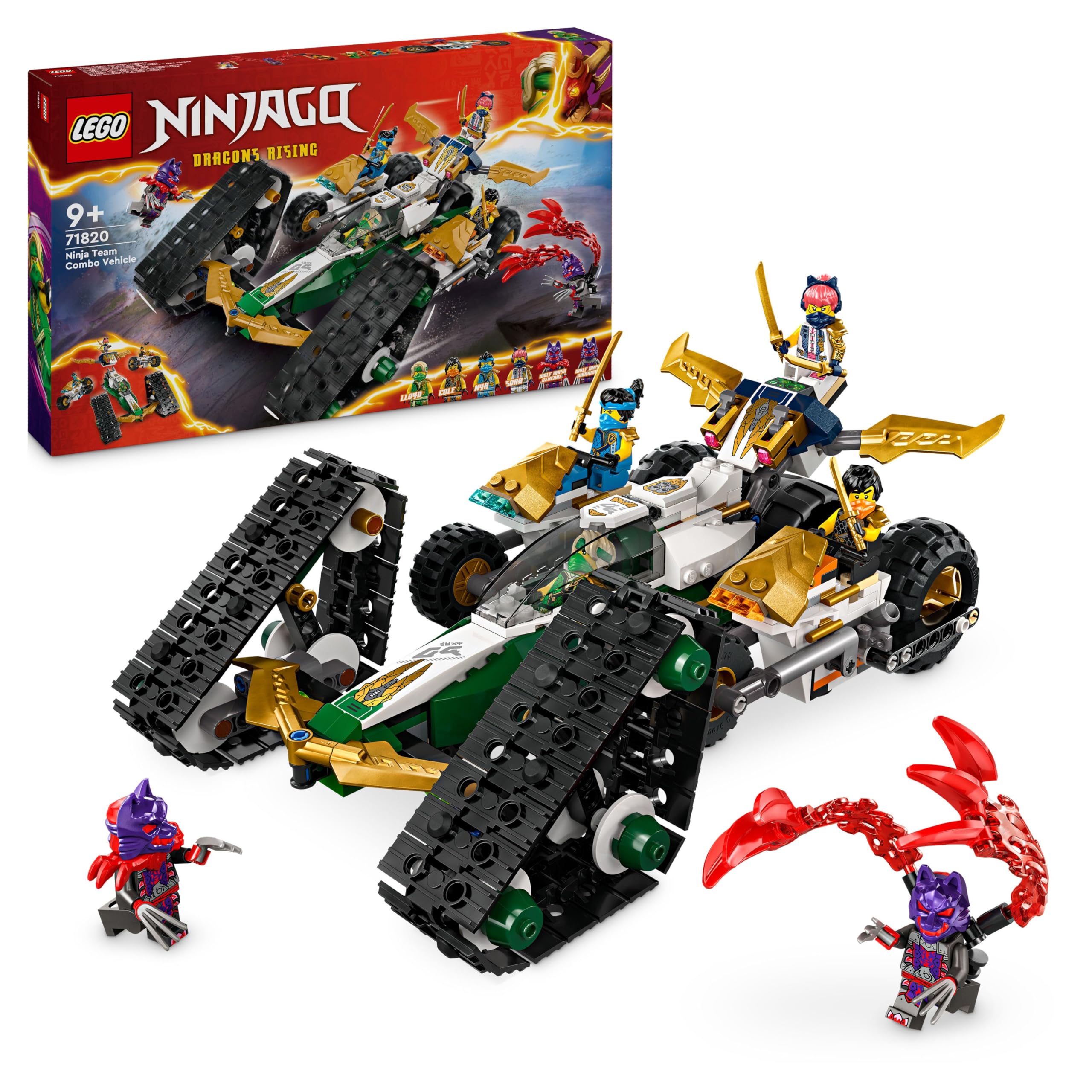 NINJAGO Ninja Team Combo Vehicle 4-in-1 Ninja Adventure Toy, with 2 Motorbikes, Glider and 6 Minifigures Incl. Characters Lloyd, Nya and Cole, Birthday Gift for 9 Plus Year Old Boys & Girls 71820