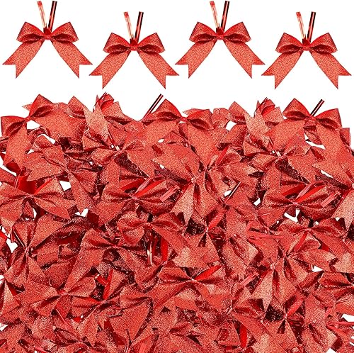 Miniatura 8 de 100 lazos de cinta de Navidad de 2 pulgadas, lazos con purpurina, mini lazos preatados, lazos de Navidad brillantes, lazos de poliéster para