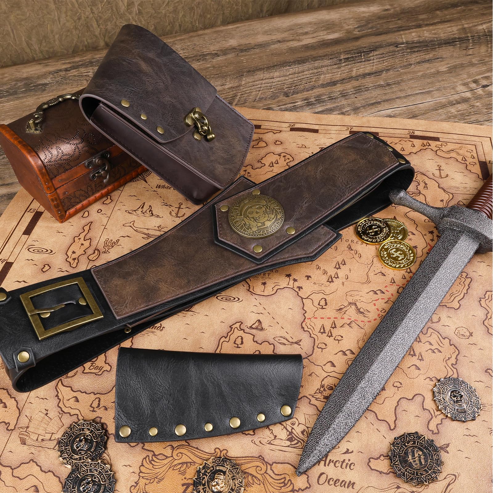 HiiFeuer Kostium pirata dla mężczyzn, akcesoria z renesansowym pasem, średniowieczna torebka, sztuczny sztylet i miecz, żaba do Ren Faire LARP, 4 szt