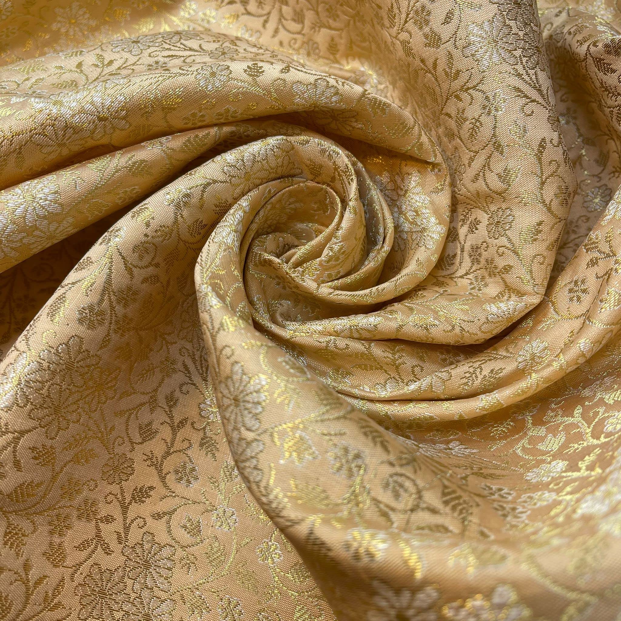 Tessuto Broccato Indiano TEXTILE STATION – 1 Metro, Corallo, Stampa Floreale Metallizzata Oro, 111 Cm
