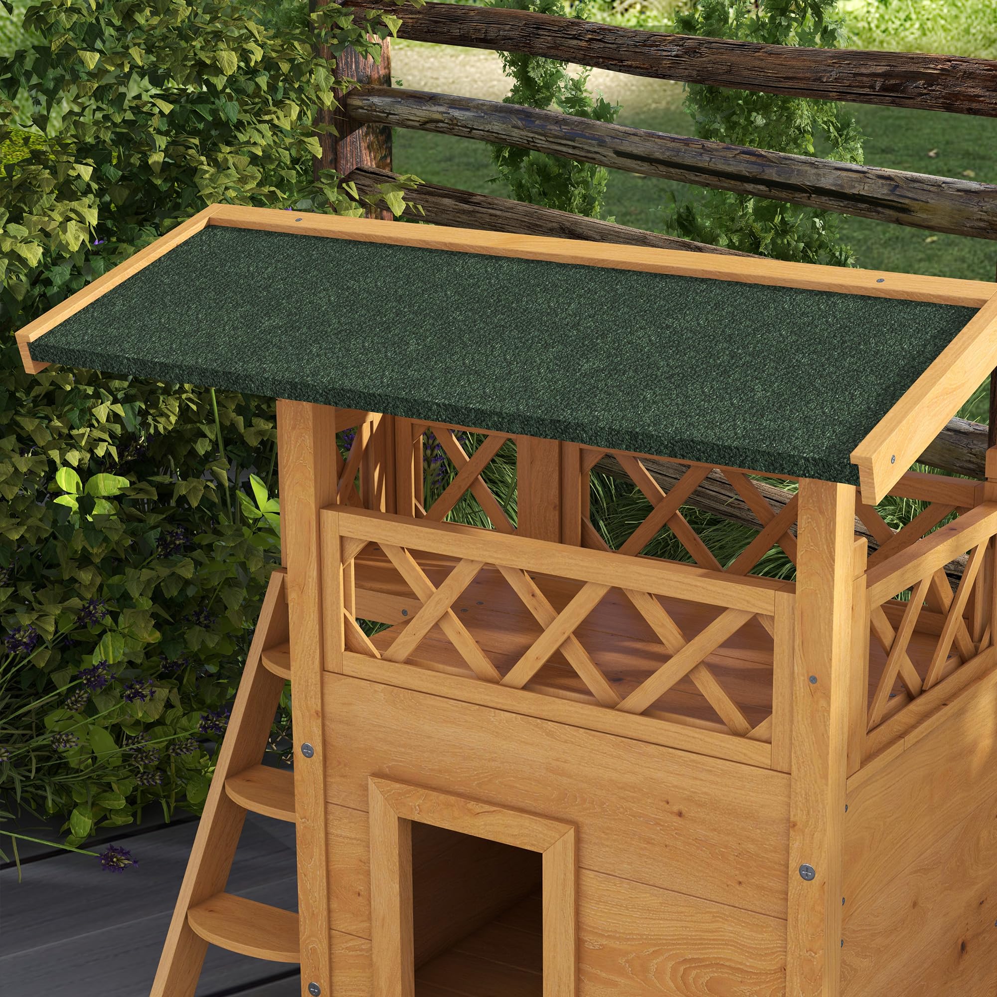 PawHut Casa para Gatos de Madera 77x50x73 cm de 2 Niveles con Techo Asfáltico, Escalera y Balcón para Exterior Natural