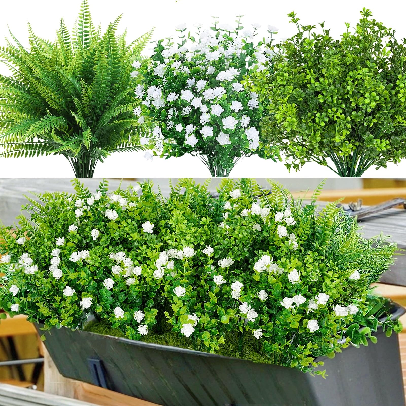 18PCS Outdoor Artificial Faux Plants Spring Summer UV Resistant Bulk Realistic Fake Bushes Grass Eucalyptus with White Flowers Plastic Greenery Shrubs Front Porch Patio Garden Window Home Decor — image 1