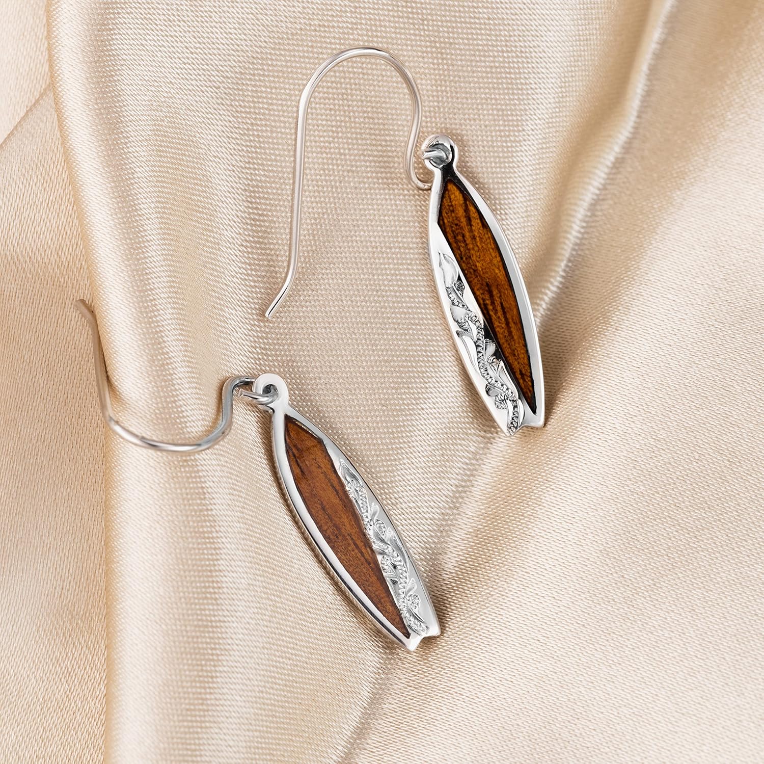 Sterling Silver Koa Wood Surfboard Dangle Hook Earrings Brown ALASURFBOARD 0