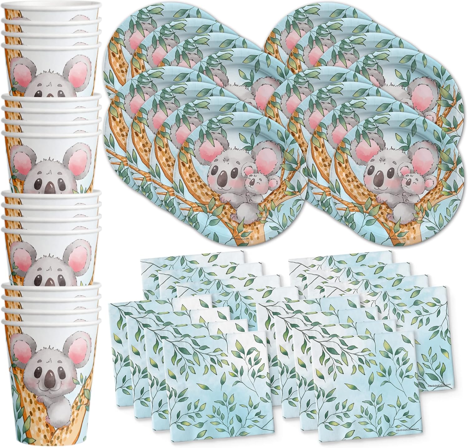 Koala Birthday Party Supplies - Koala Bear Baby Shower - 1st Birthday Party | Tableware Set Includes Plates, Napkins and Cups | Kit for 16