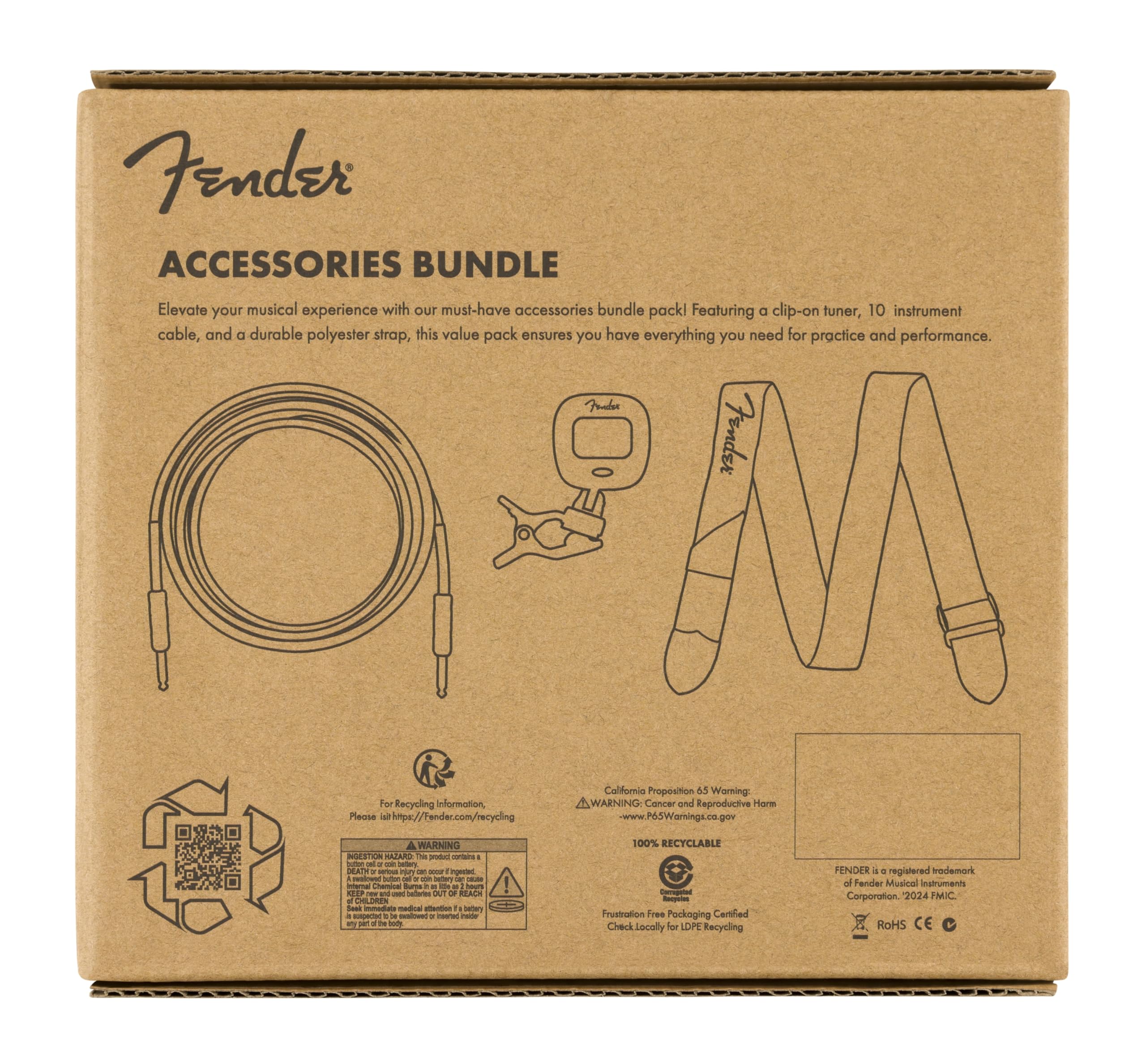 Fender Kit Accessori Tutto-in-Uno, Include Cavo Strumento da 10ft, Accordatore Clip-On FT-1 e Tracolla in Poliestere Resistente, Adatto a Tutti i Musicisti