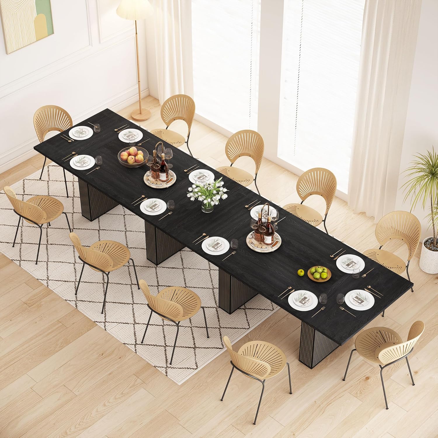 78 Inch Rectangular Dining Table for 6 to 10, Farmhouse Fluted Dining Kitchen Table, Modern Wood Long Dining Table for Kitchen Living Room, Black