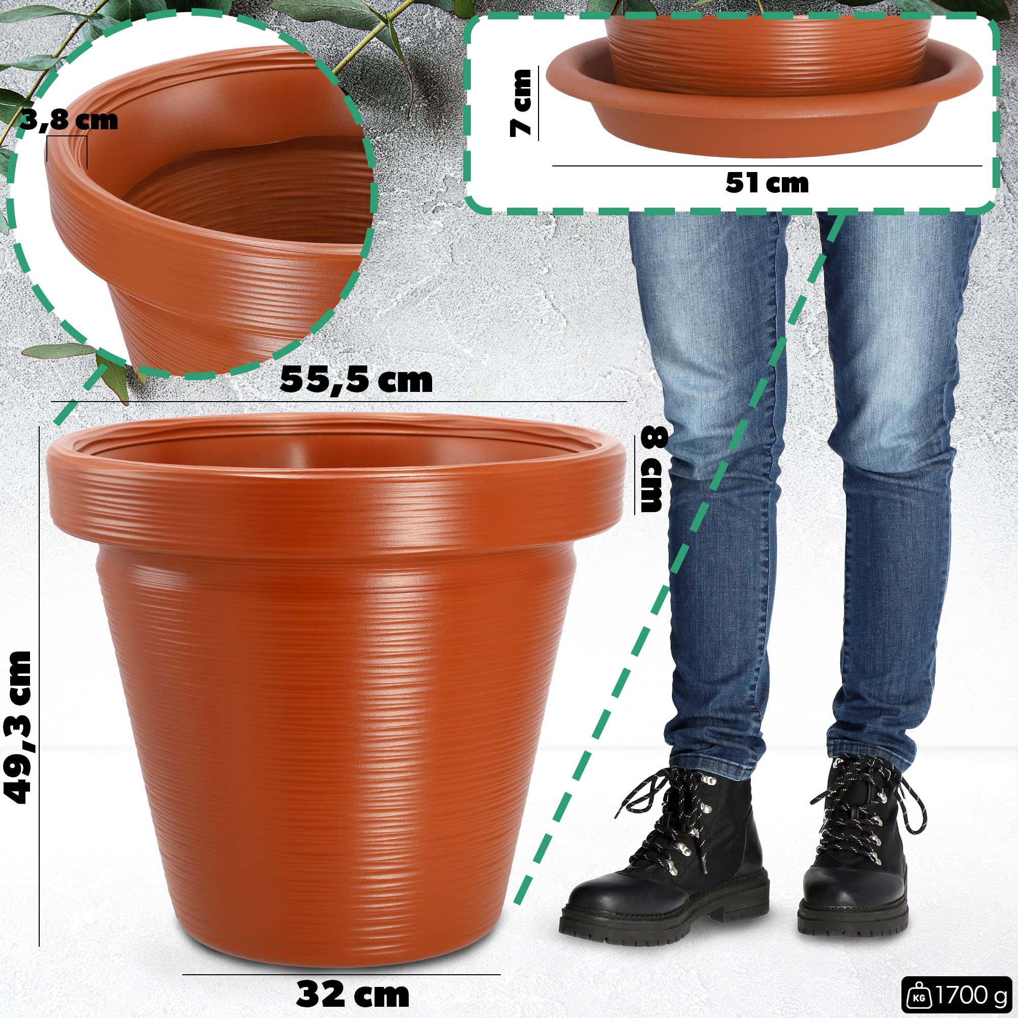 KADAX Pot de Fleurs en Plastique, 4 Couleurs, Pot de Plantes avec Soucoupe, Pot de Plantes, Pot de Plantes avec Motif incisé, Pot de Fleurs en Plastique, Pot de Fleurs Rond (∅ 55 cm, Terracotta)