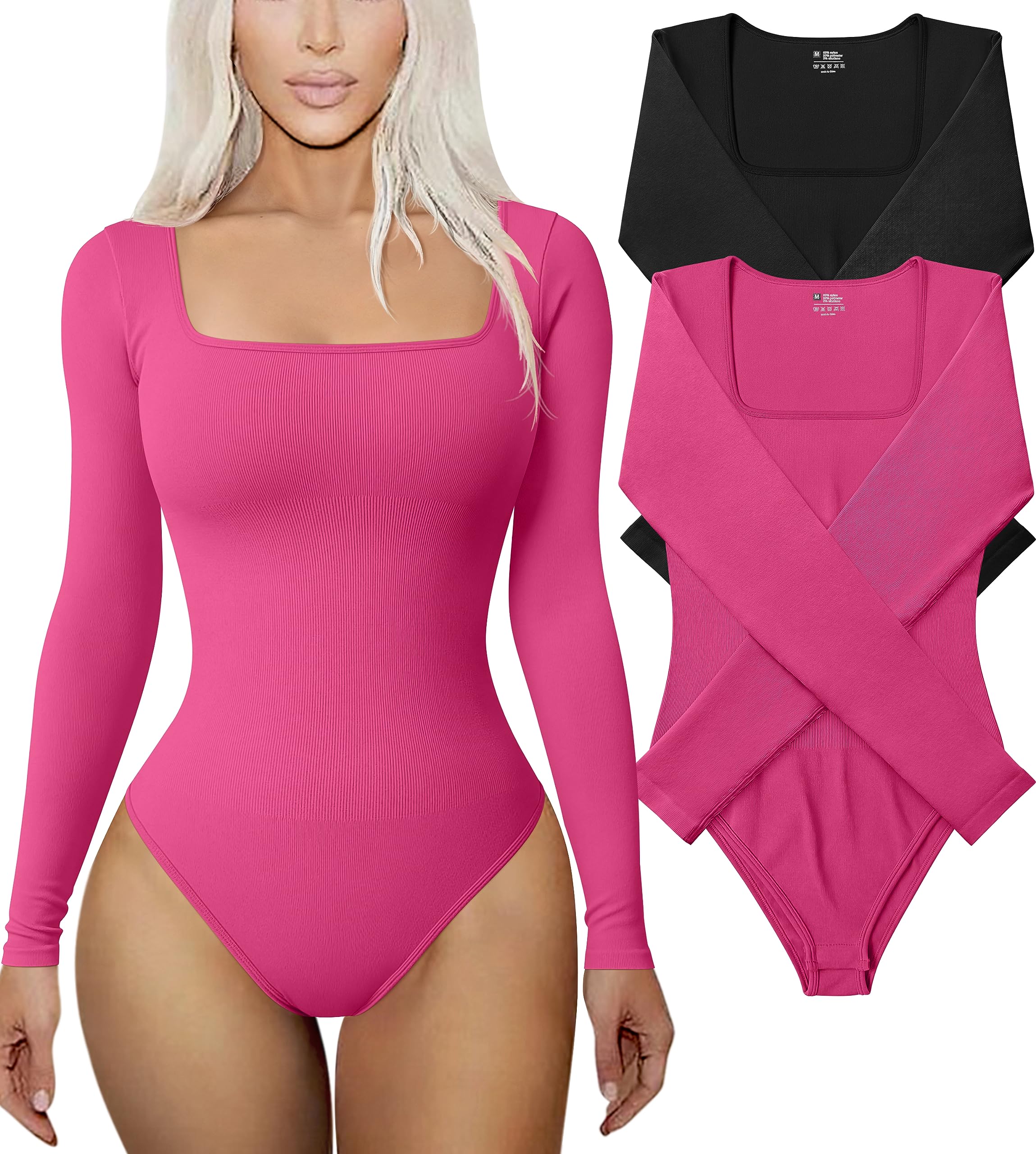 size L. TOB Women's 2 Piece Bodysuits Sexy Ribbed One Piece Long Sleeve Square Neck Bodysuits